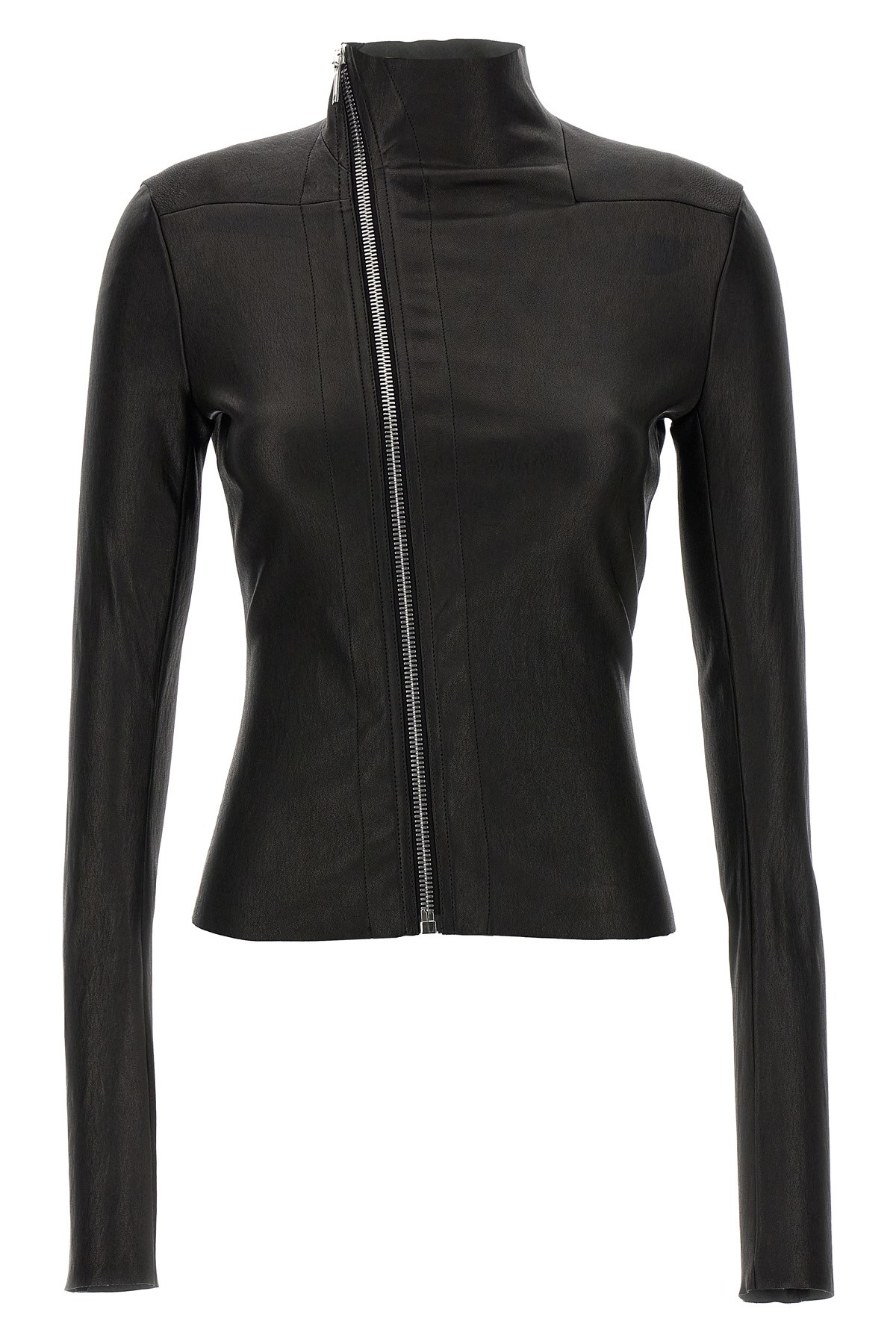 Rick Owens Asymmetric Black Stretch Leather Jacket In Black