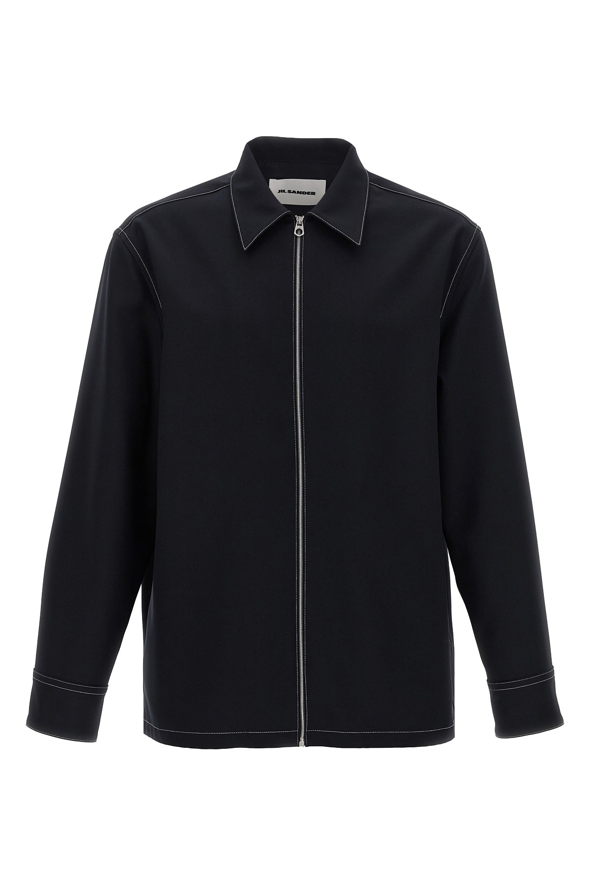 Jil Sander Black Zip-up Shirt With Contrasting Stitching In Tech Fabric Man
