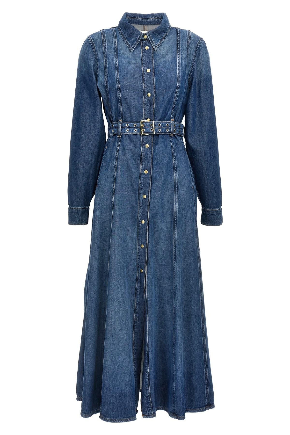 Ganni Blue Long Dress With Adjustable And Removable Waist Belt In Cotton Blend Woman