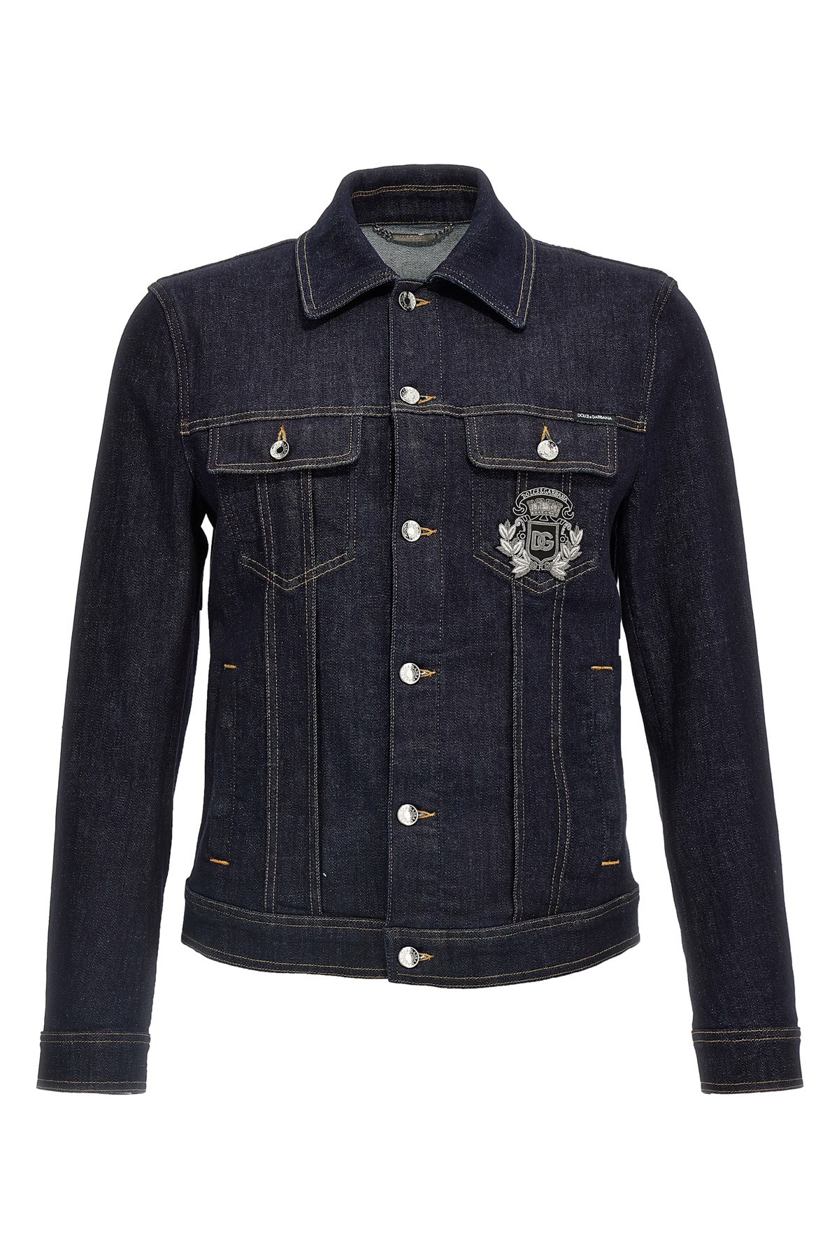 Dolce & Gabbana Dark Blue Jacket With Classic Collar And Contrasting Stitching In Black