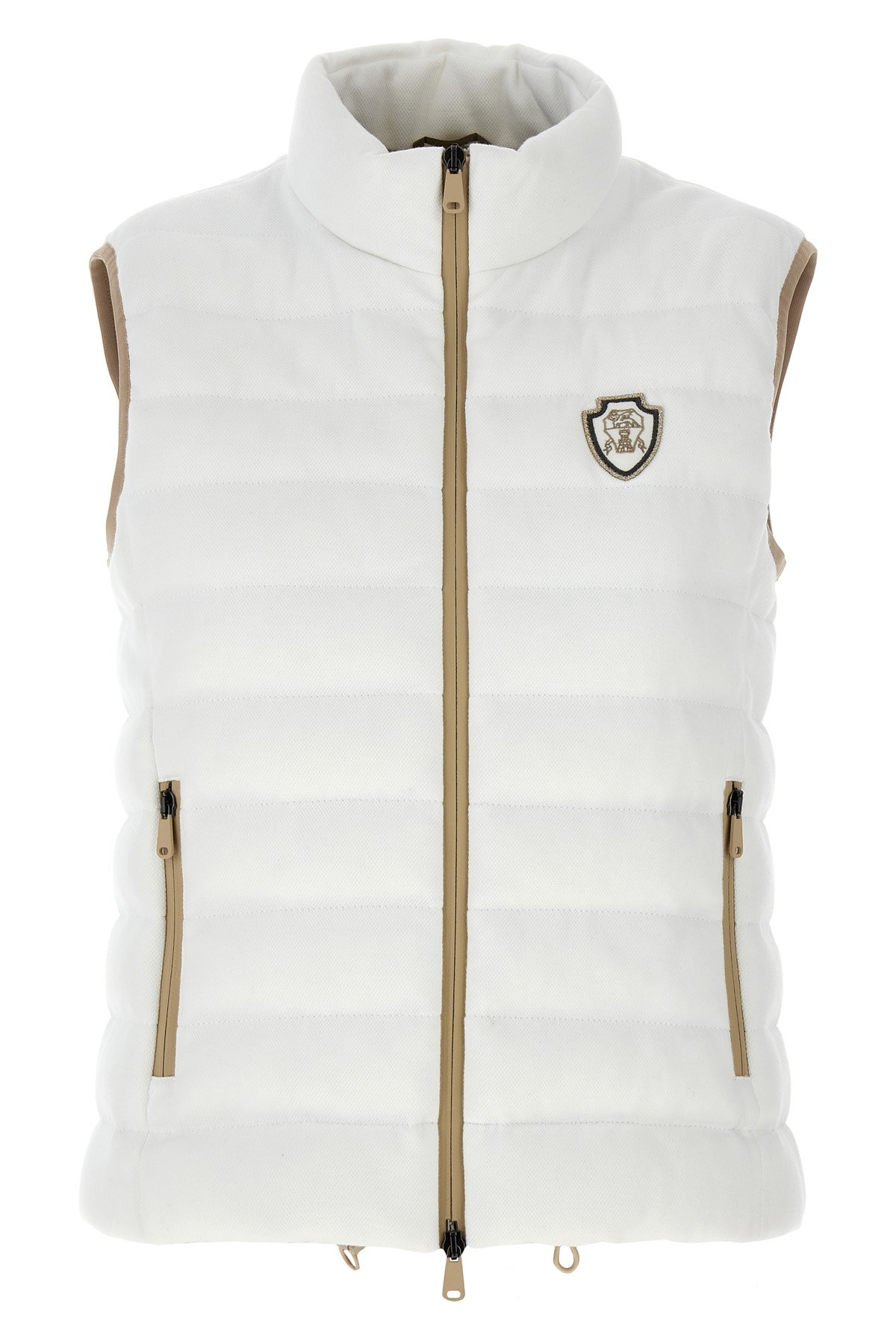 Brunello Cucinelli Goose Down Padded Cotton Vest With Front Logo And High Neck In White