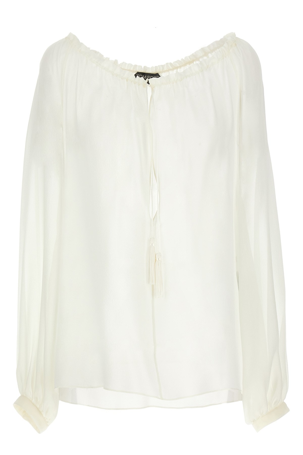 Tom Ford Silk Blouse Sheer Elastic Neckline Long Sleeves