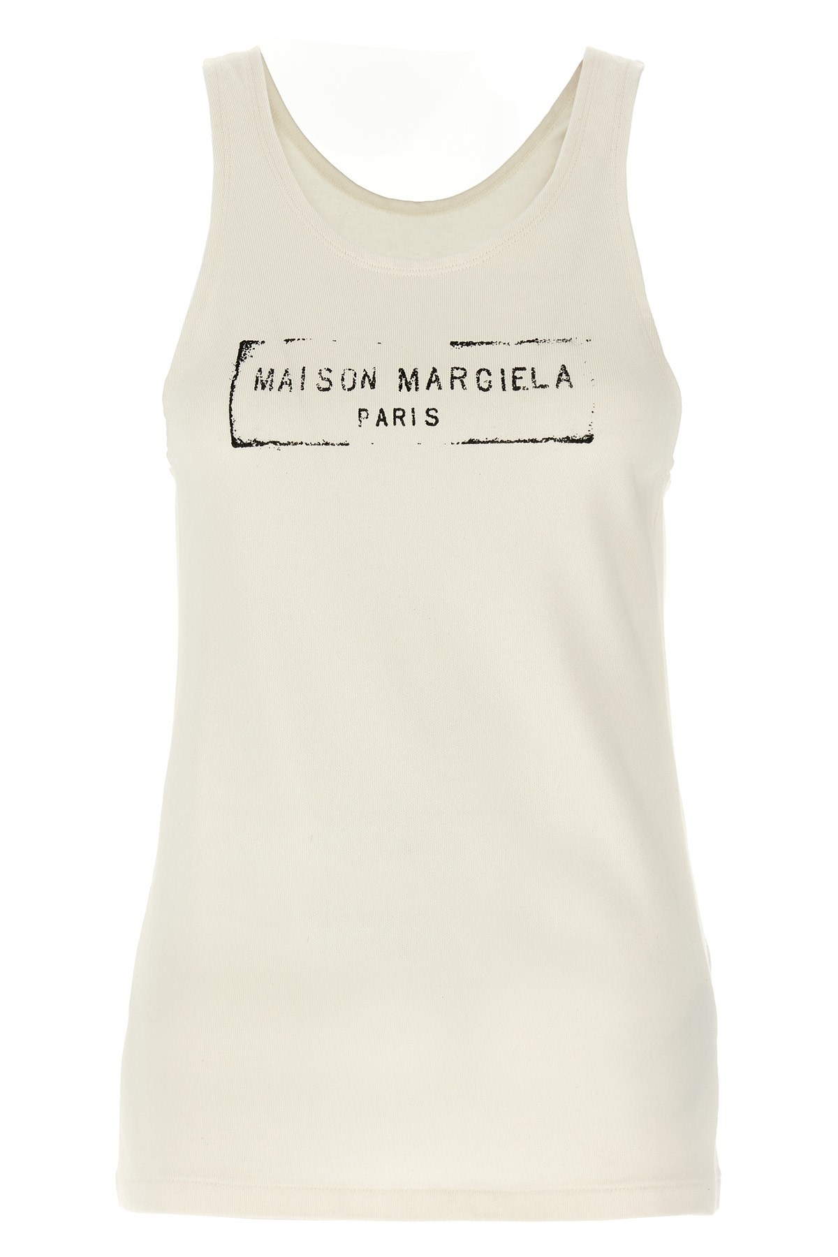 Maison Margiela Beige Top With Wide Neckline And Logo Printed On The Front In Viscose And Cotton Blend Woman