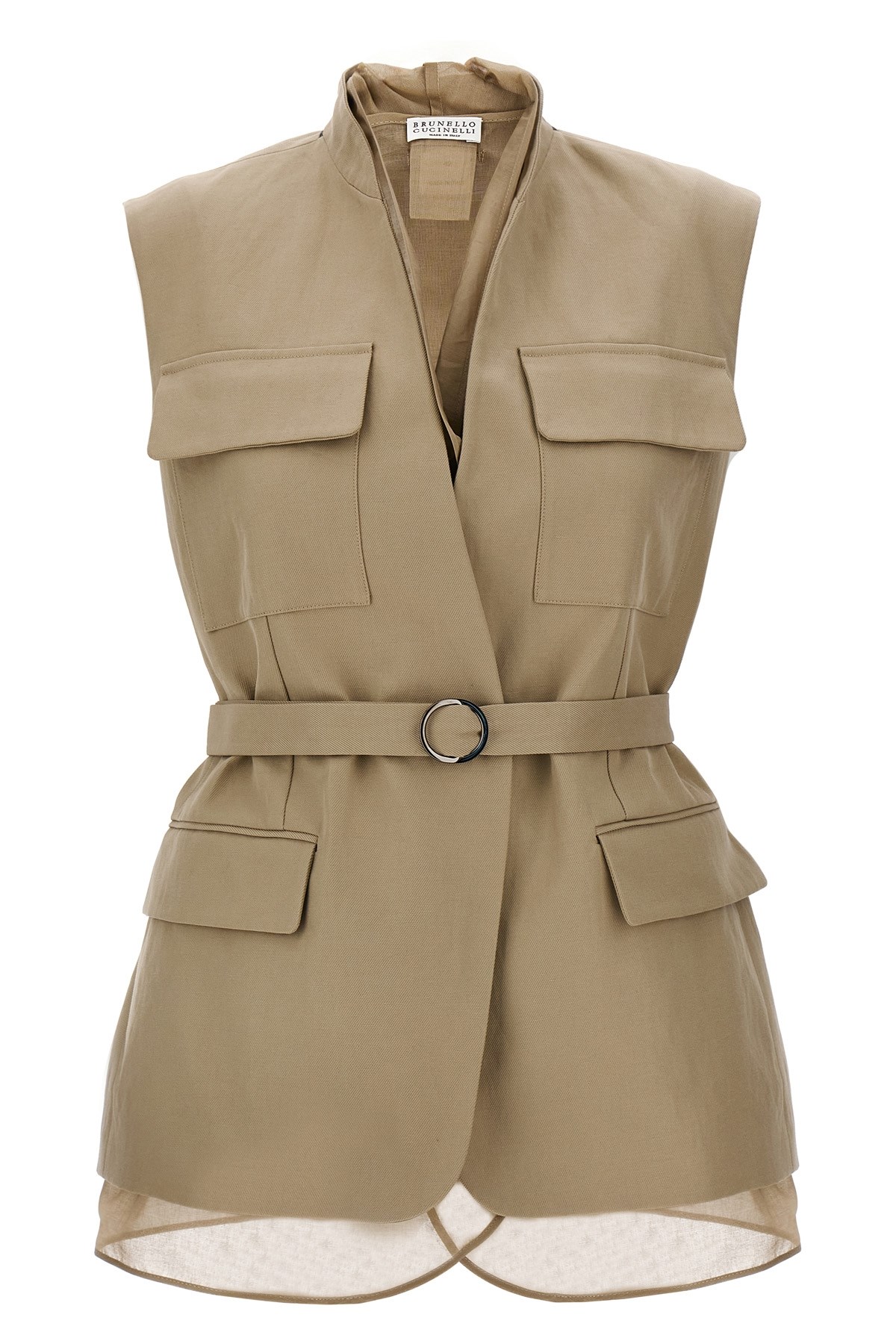 Brunello Cucinelli Belted Bead-embellished Organza-trimmed Cotton And Linen-blend Twill Vest