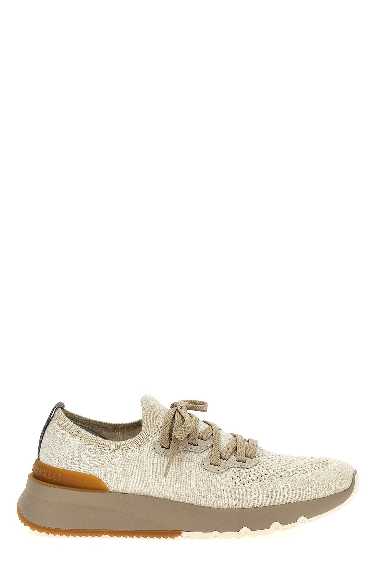 Brunello Cucinelli Cotton Sneakers In Ivory With Front Lace-up Fastening
