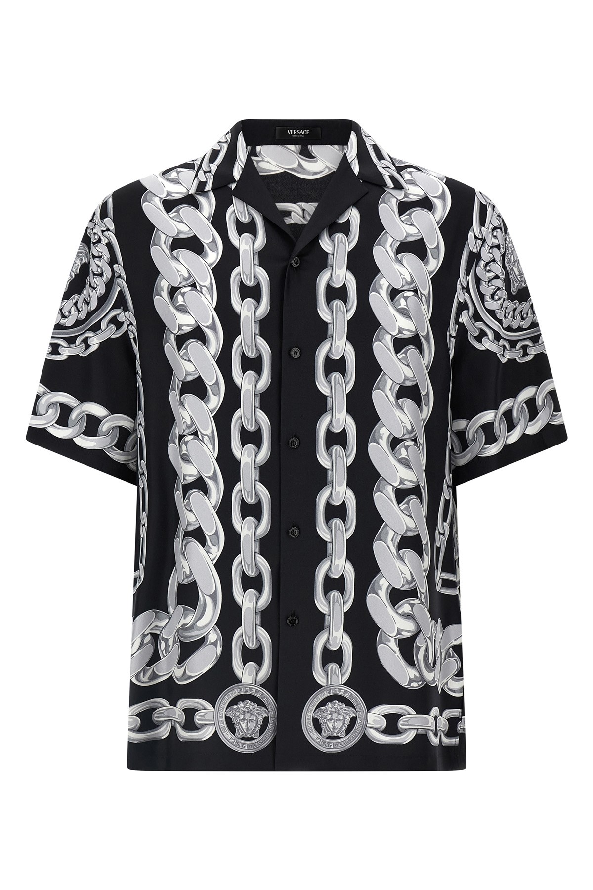 Versace Black And White Bowling Shirt With Cuban Collar And All-over Chain-link Print In Silk Man In Black
