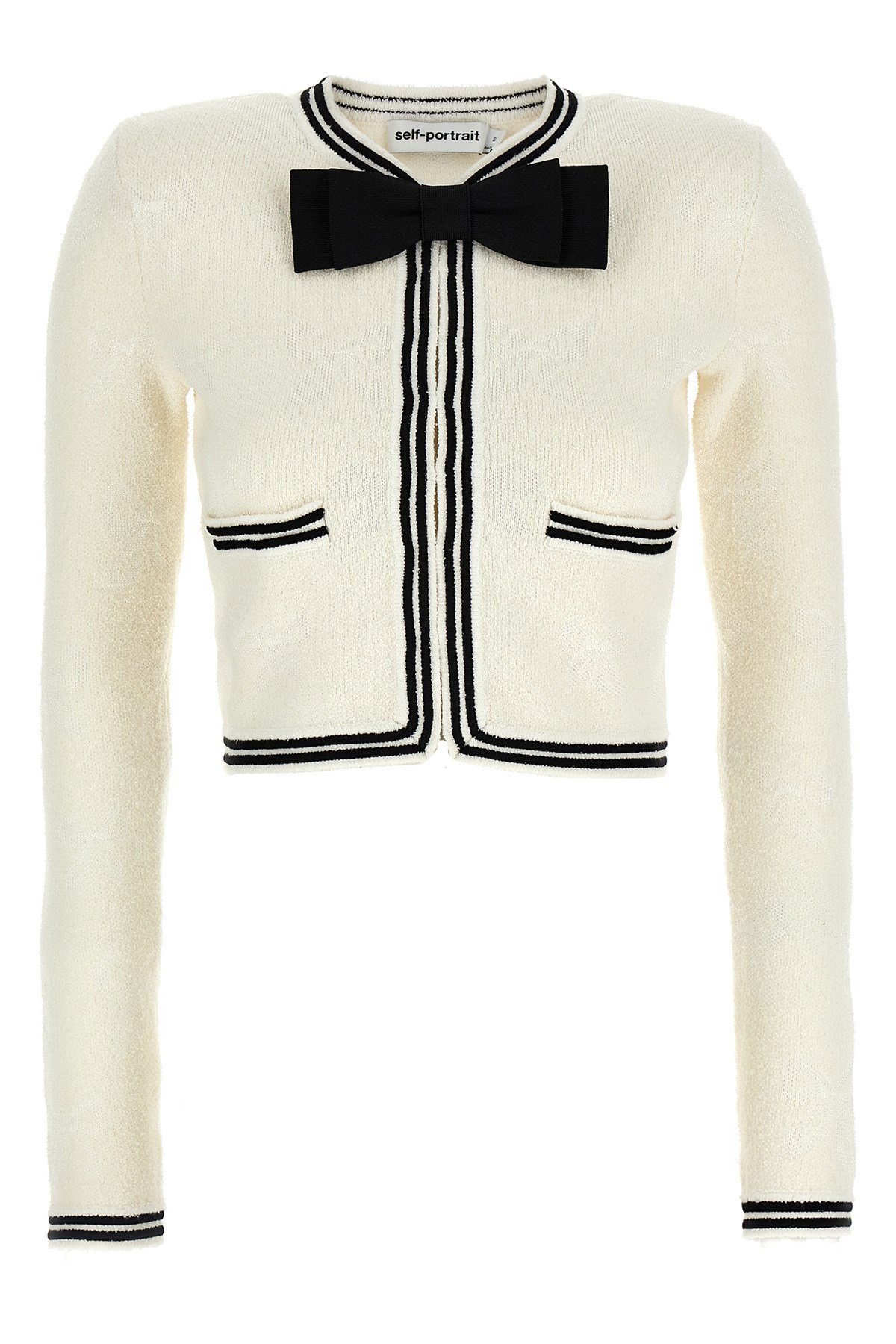 Self-portrait Beige Cardigan With Bow Detail On The Front And Contrasting Trims In Cotton Blend Woman