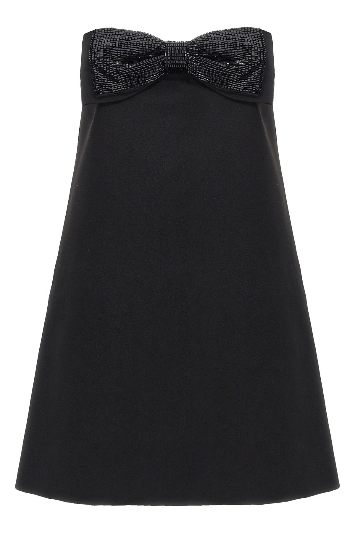 Self-portrait Black Sleeveless Mini Dress With Bandeau And Beaded Oversize Bow In Tech Fabric Woman