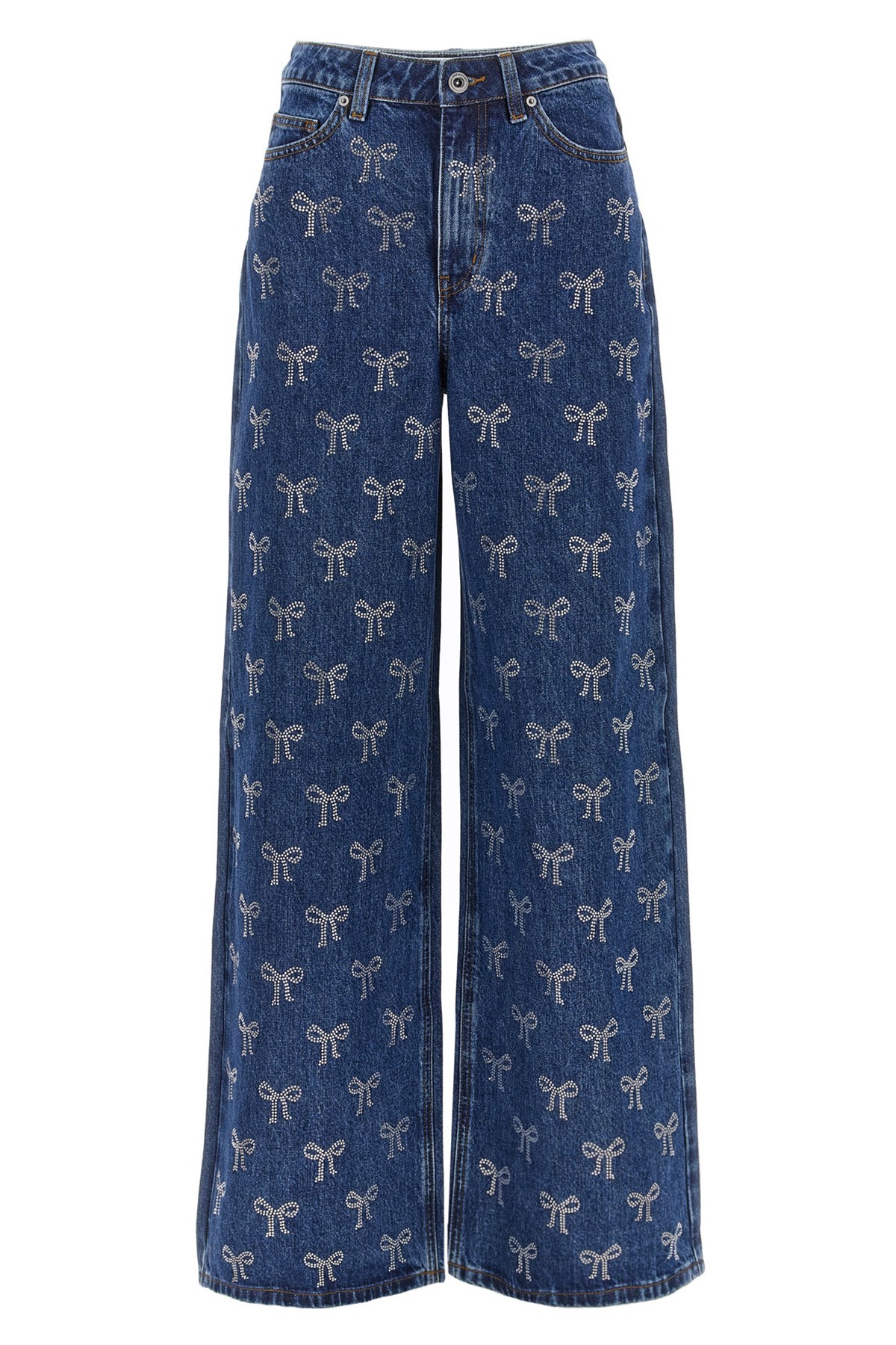 Self-portrait Blue Jeans With All-over Rhinestoned Bow Embellishments In Denim Woman In Blue