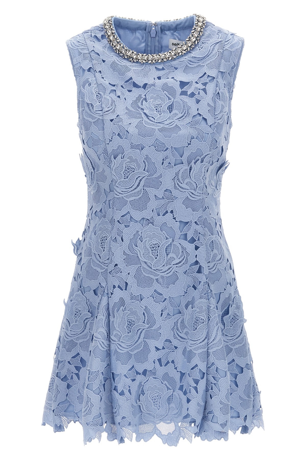 Self-portrait Bue Crewneck Mini Dress With Rhinestoned Collar And All-over Floral Lace Embroidery In Tech Fabric W