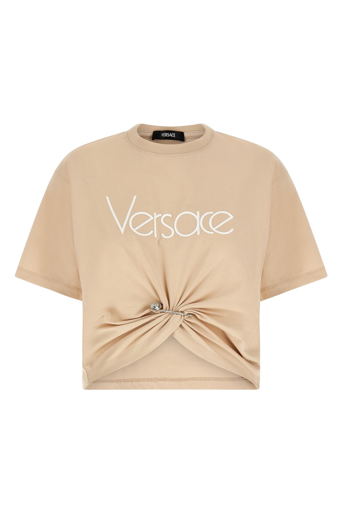 Versace Embroidered Logo T-shirt With Safety Pin Detail In White
