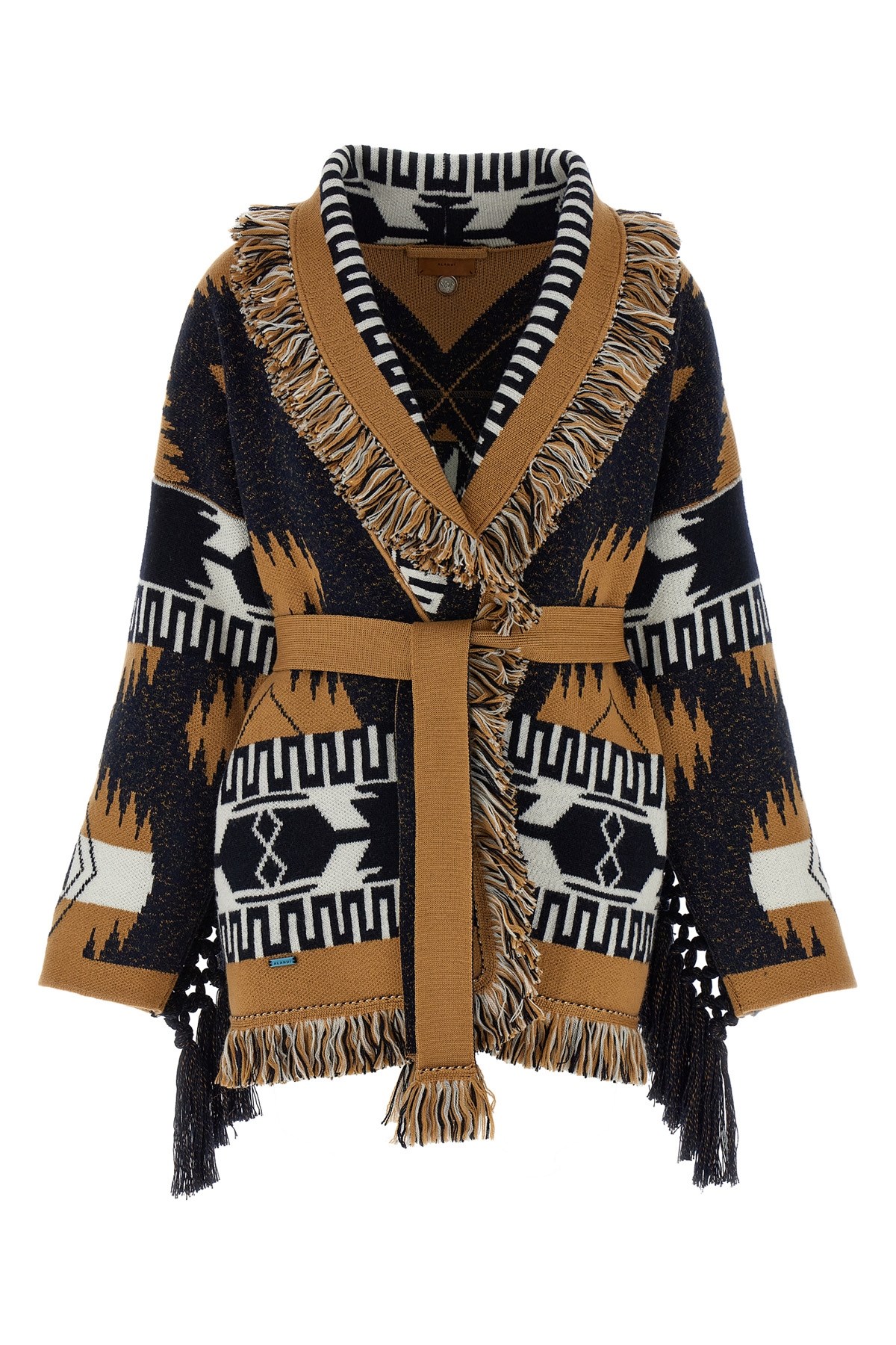 Alanui Waist Belt Fringe Geometric Pattern Long Sleeves Cardigan