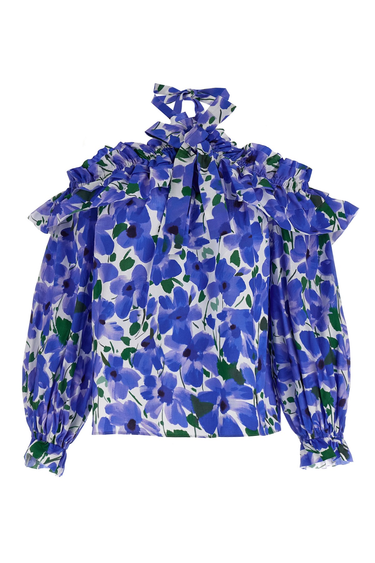 Carolina Herrera Floral-print Off-the-shoulder Top With 3d Ruffle Details In Blue