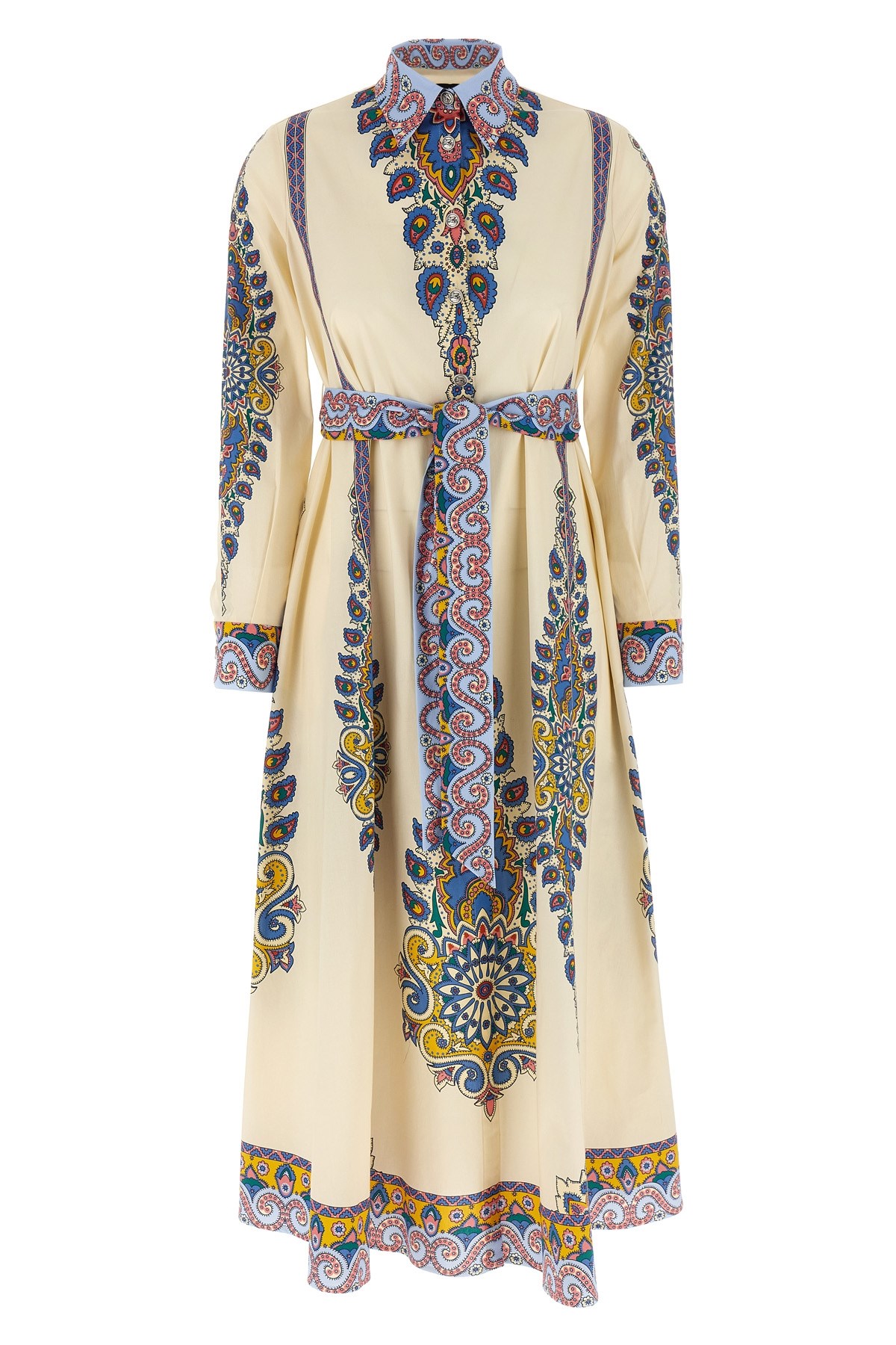 Etro Cotton Poplin Maxi Dress With Paisley Medallion And Contrasting Belt In Blue