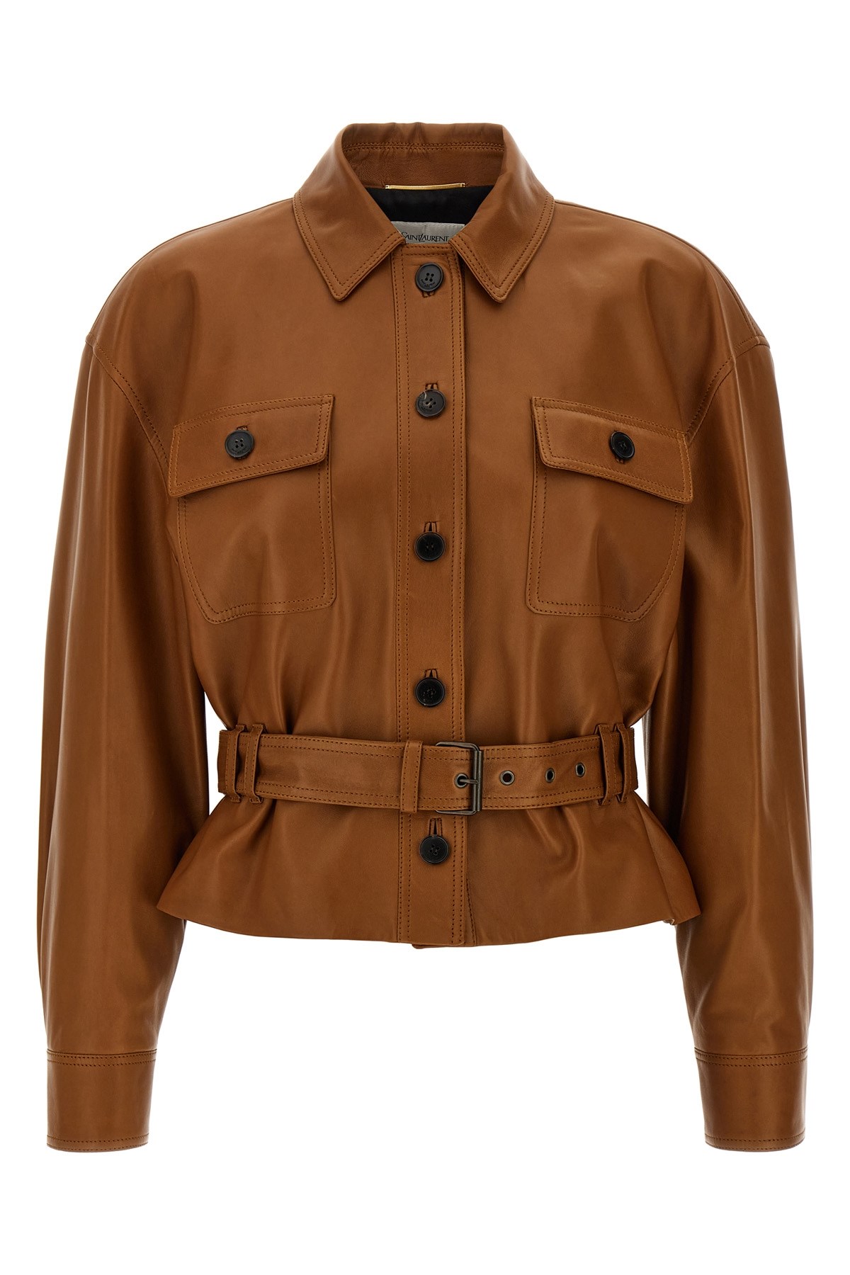 Saint Laurent Saharienne Brown Jacket With Pointed Collar And Adjustable And Removable Waist Belt In Leather Woman In Brown