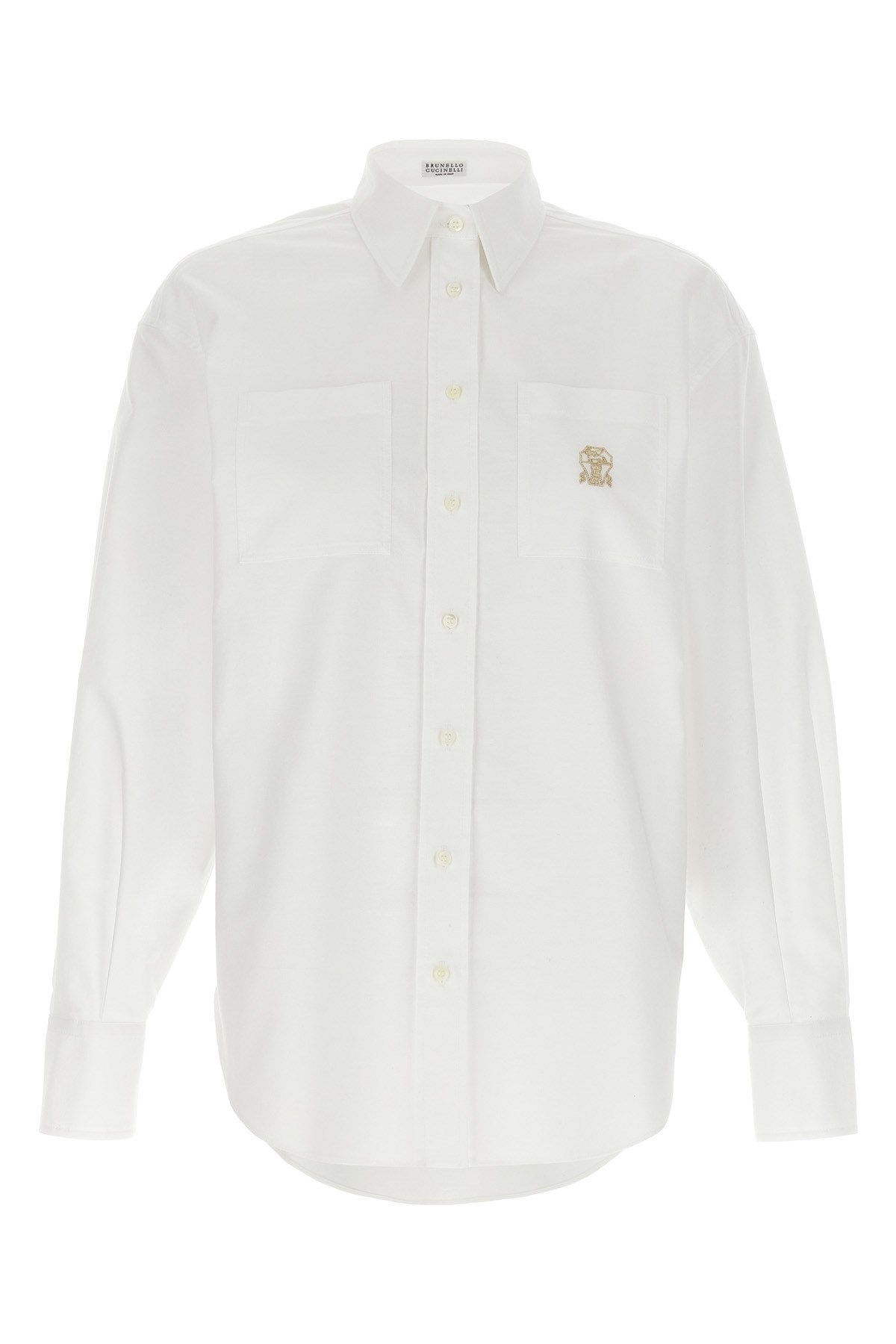 Brunello Cucinelli White Shirt With Classic Collar And Embroidered Logo On The Chest In Cotton Woman