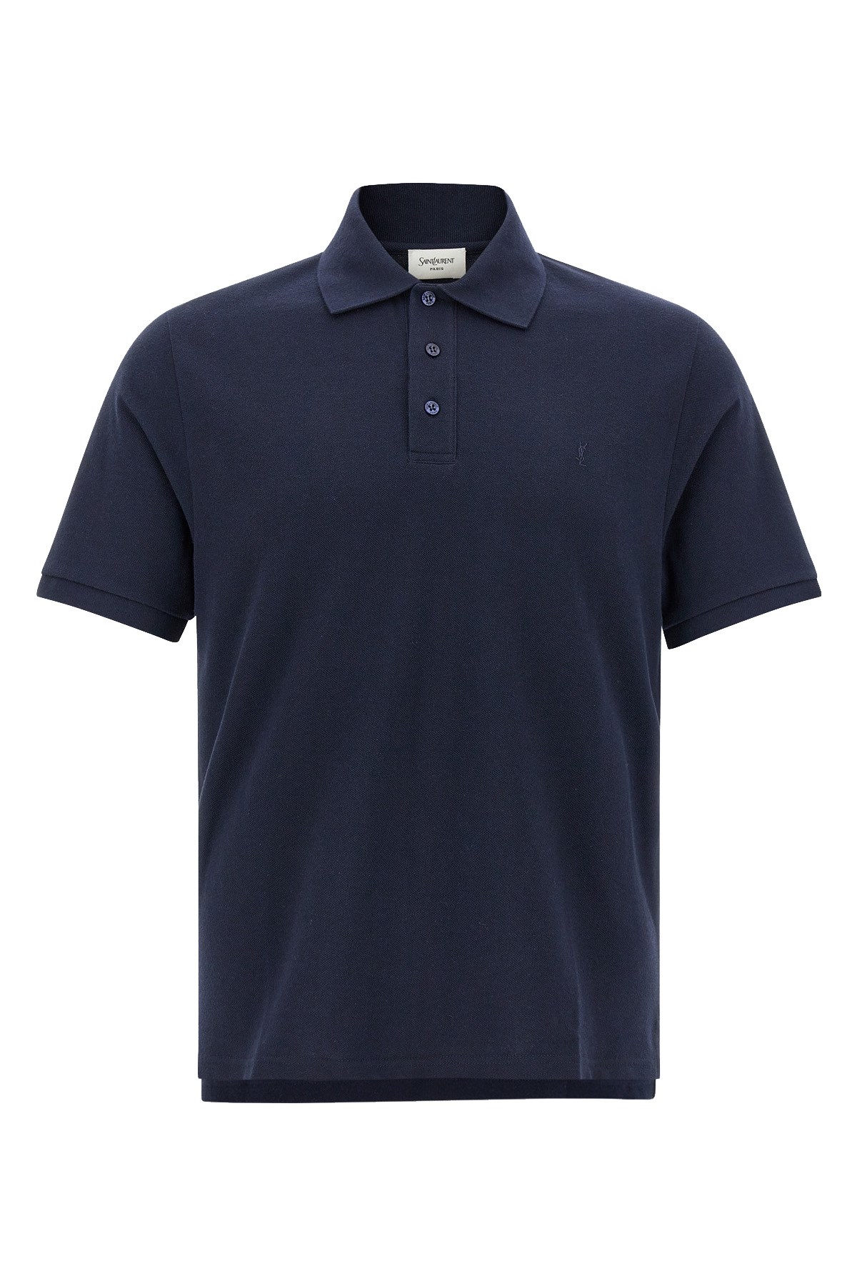 Saint Laurent Recycled Material Polo Shirt With Cassandre Embroidery In Blue
