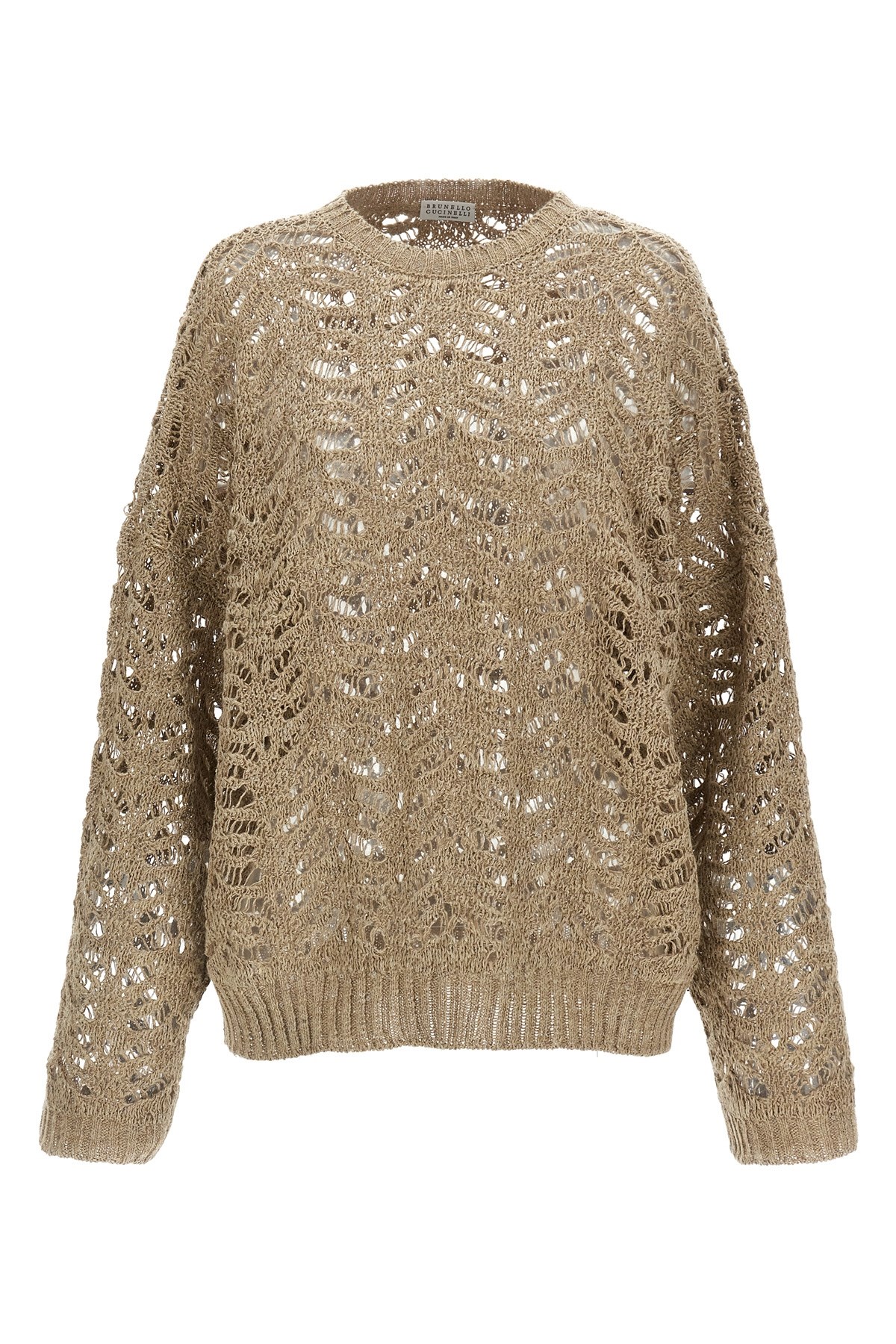 Brunello Cucinelli Ribbed Net Linen Sweater With Crewneck In Brown