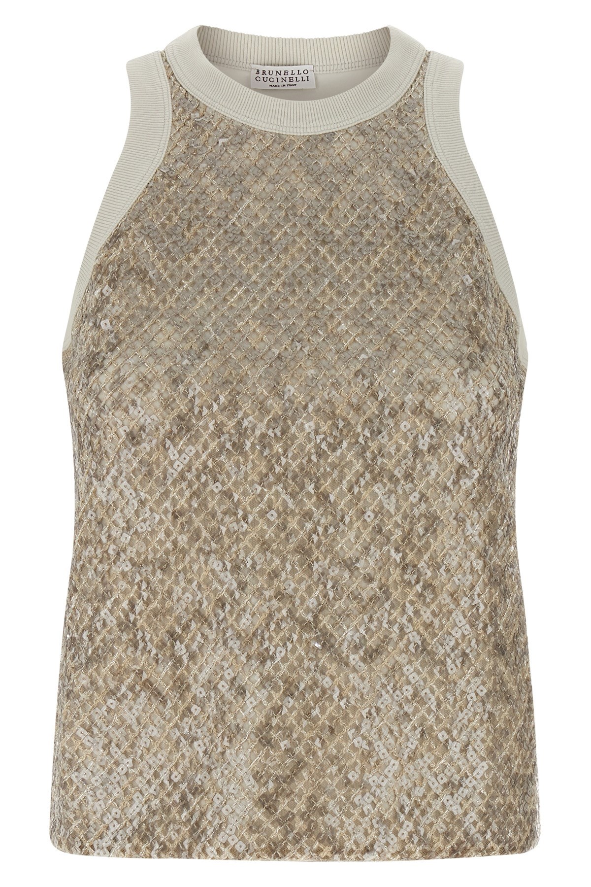 Brunello Cucinelli Stretch Cotton Jersey Top With Dazzling Net Embroidery In Neutral