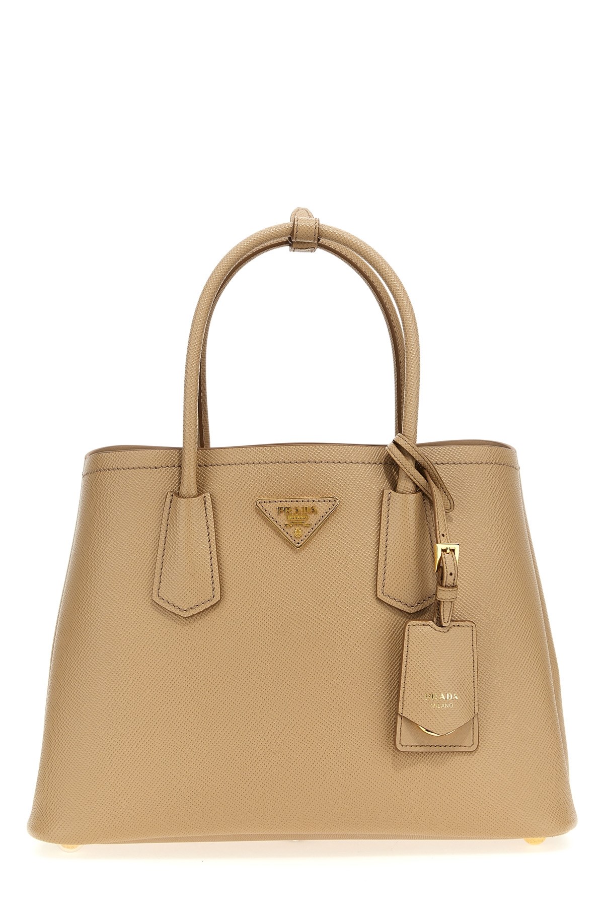 Prada Sand Leather Small Double Handbag In Nude