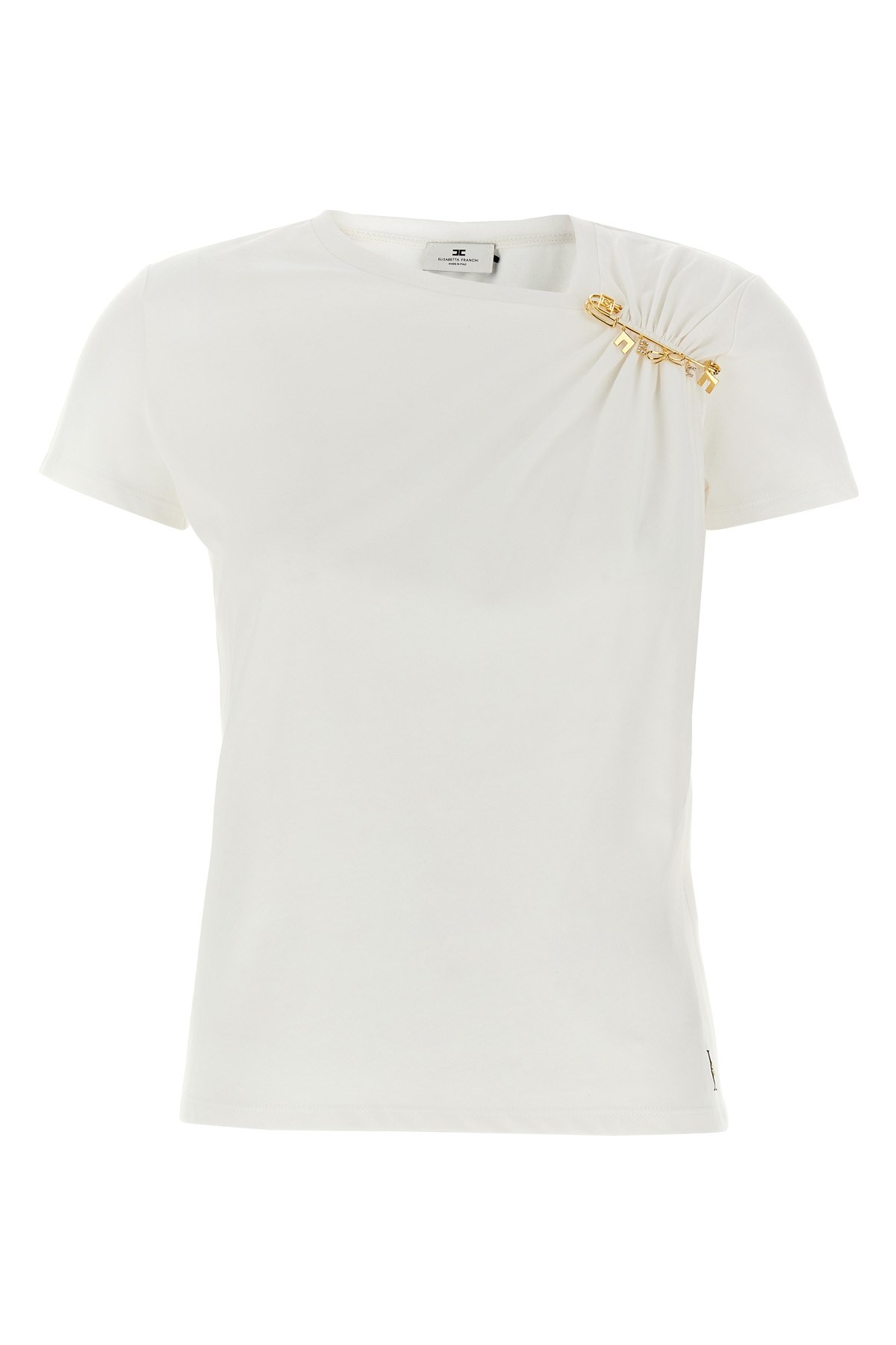 Elisabetta Franchi Asymmetric Neckline T-shirt With Gold Brooch Accents In Neutral