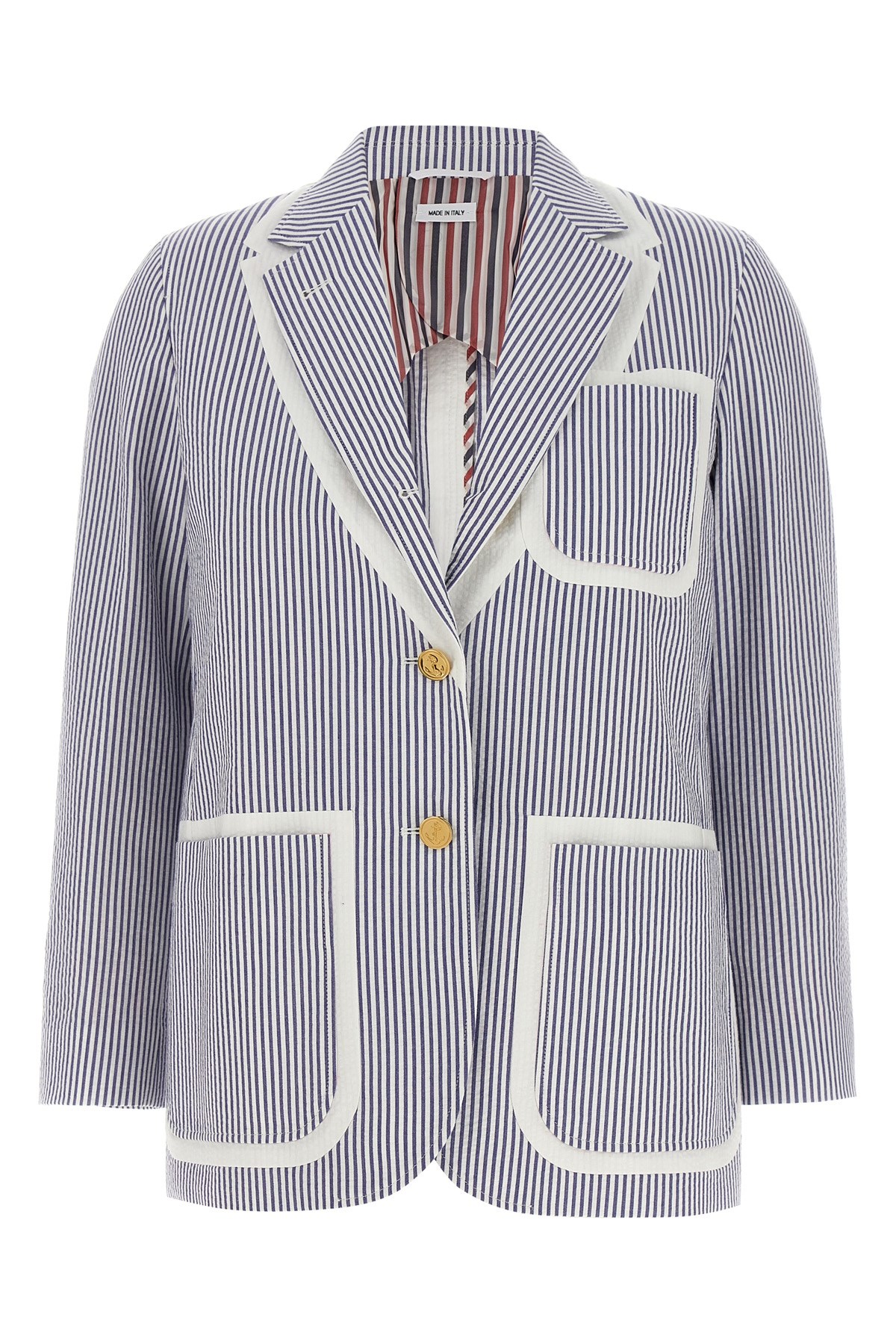 Thom Browne Striped Seersucker Blazer Featuring Patch Pockets