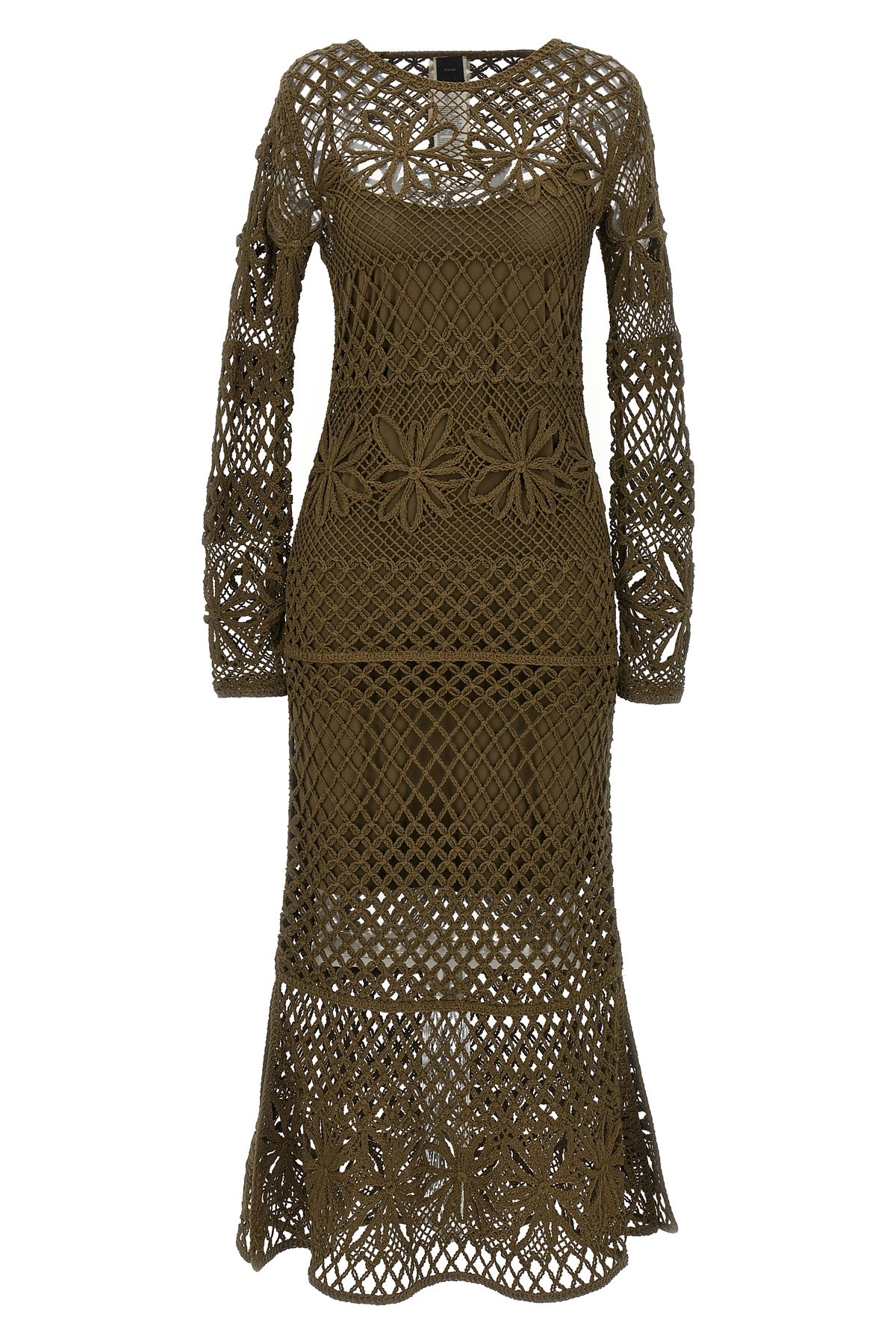 Pinko 'ortles' Green Crewneck Long Dress With Fishnet Design And All-over Floral Embroidery