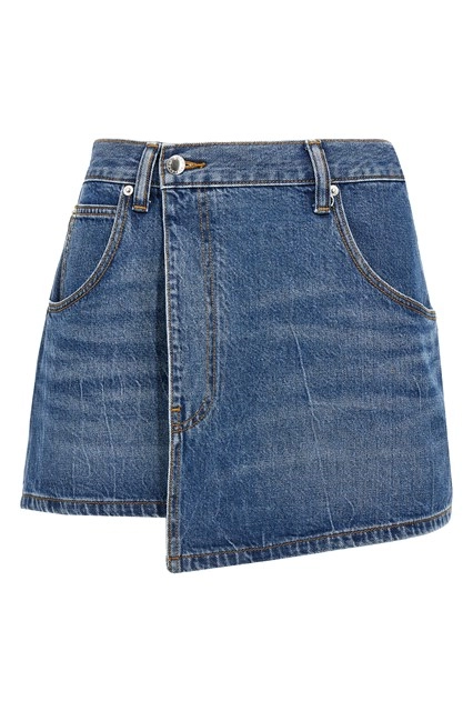 スカート ALEXANDER WANG Denim Pant-Skirt Mini Skirt with Pre-Styled Logo Thong in VINTAGE FADED