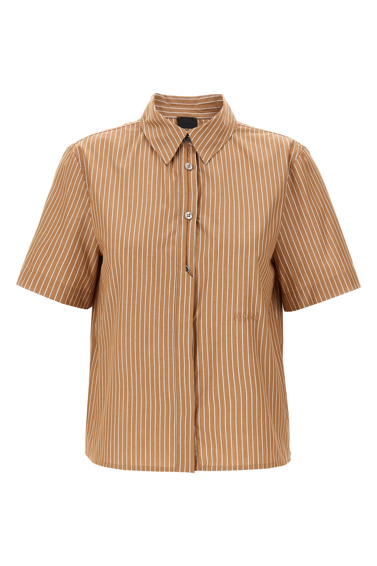 Pinko Brown Striped Shirt With Rounded Hem In Nude