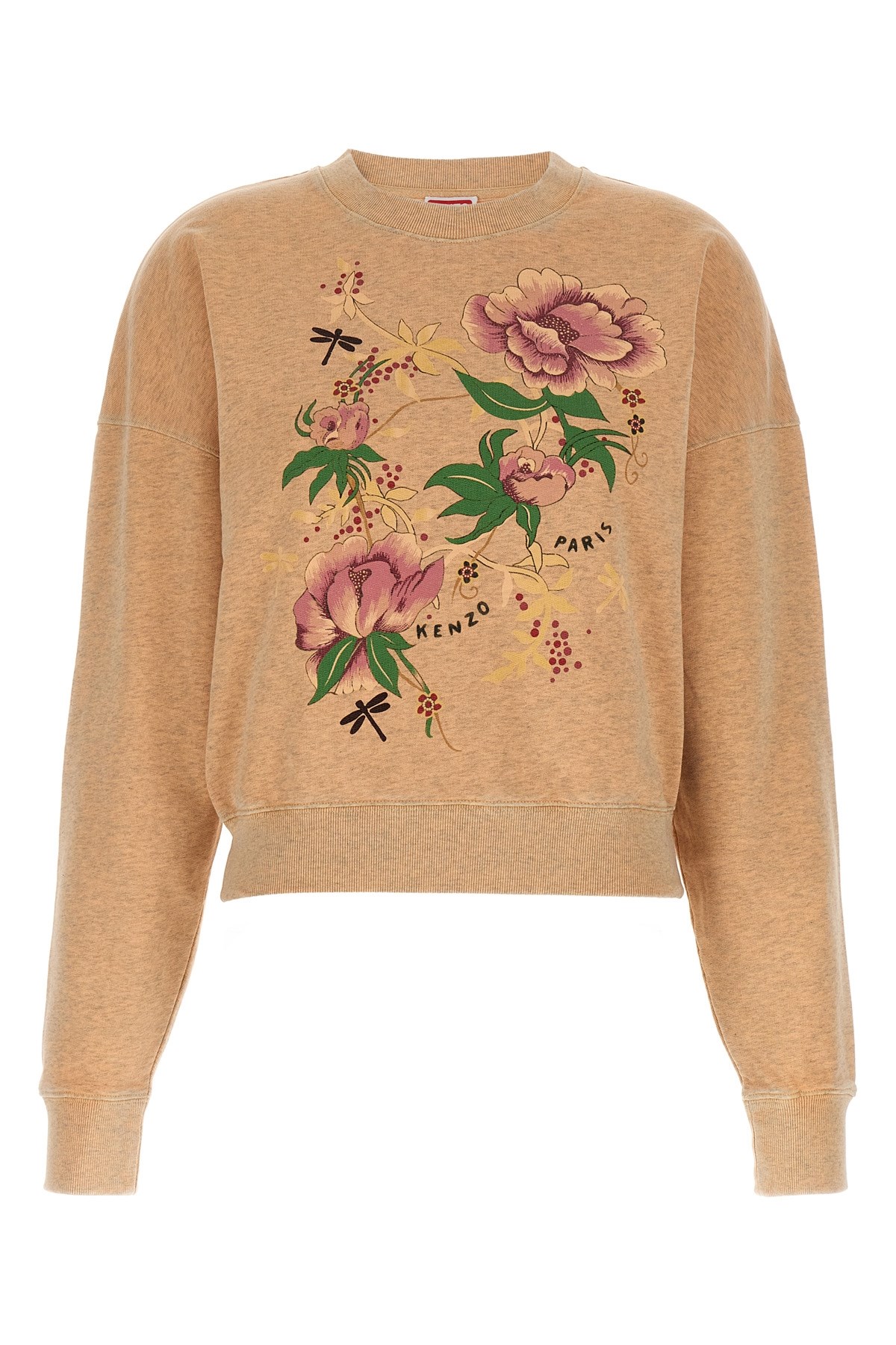 Kenzo Peonies Crew Neck Floral Print Sweatshirt In Brown