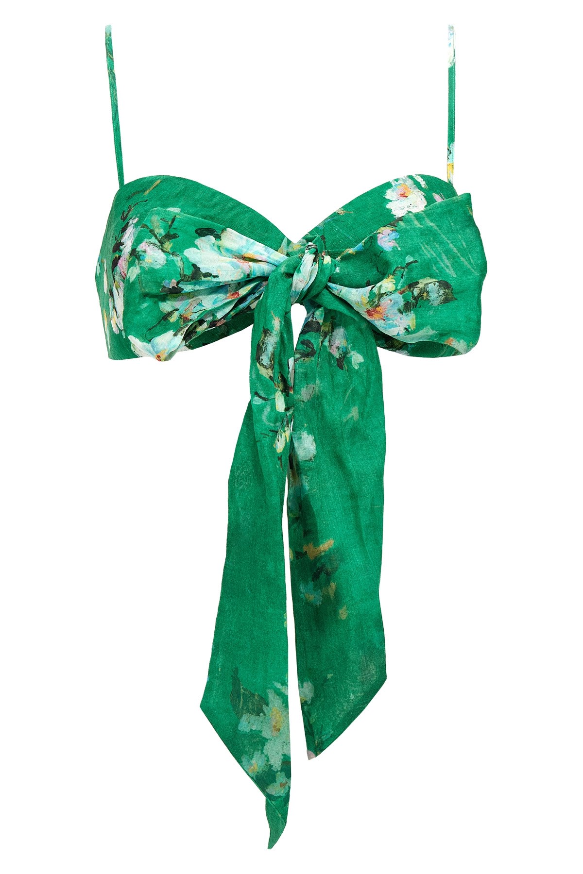 Zimmermann Everley Cropped Bow-detailed Pleated Floral-print Ramie Top In Green