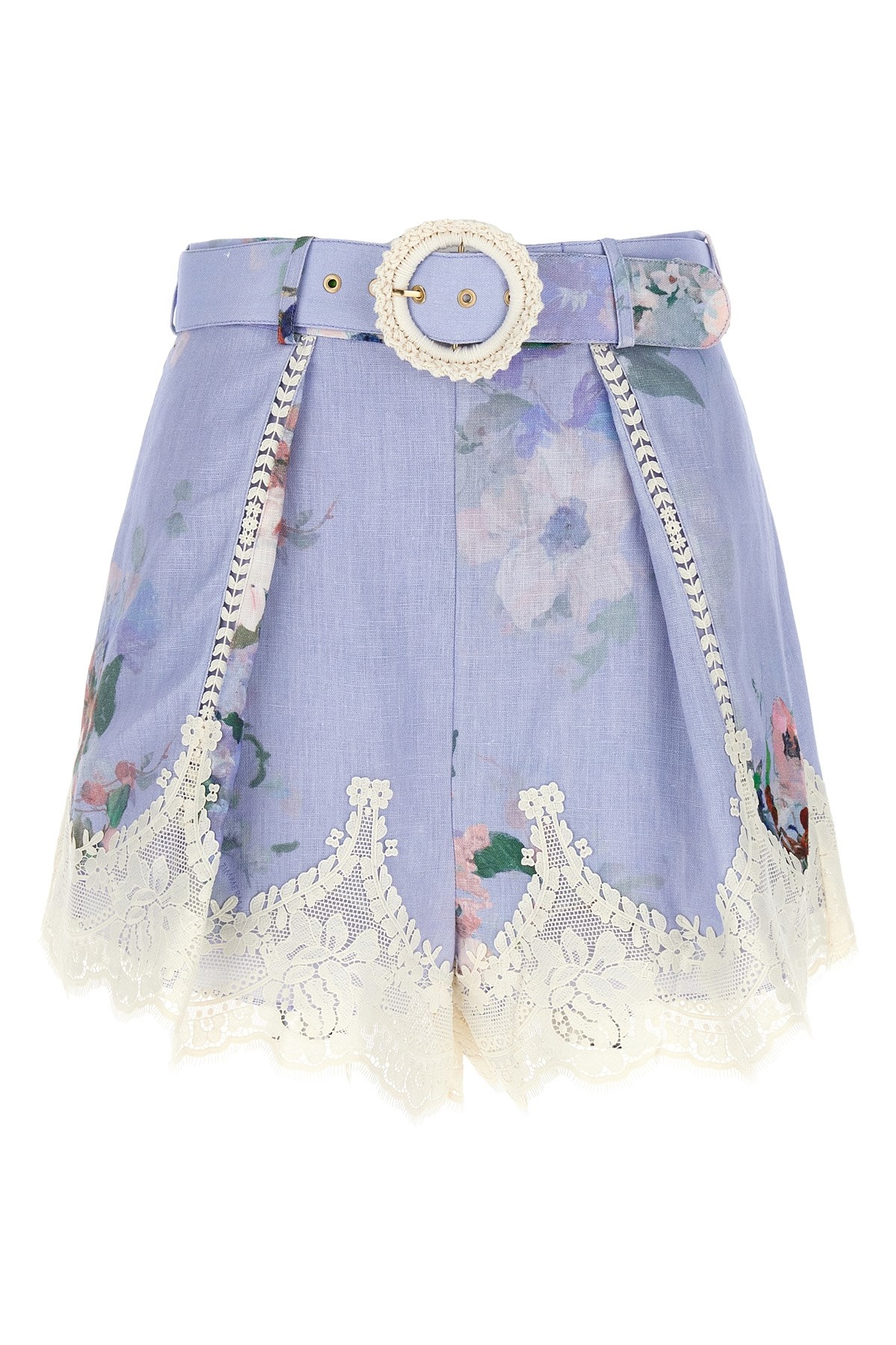 Zimmermann Womens Light Blue Floral Everley Tuck Floral-pattern Linen Shorts
