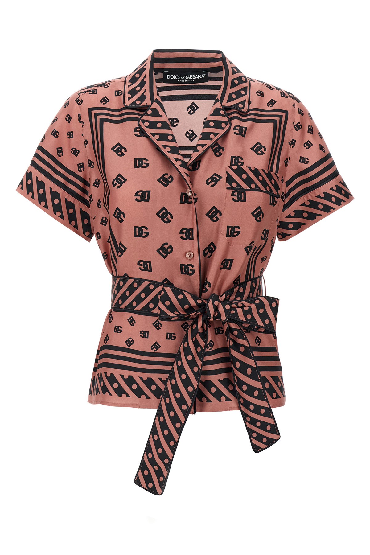Dolce & Gabbana Pink Shirt With All-over Printed Dg Logo And Waist Belt In Silk Woman