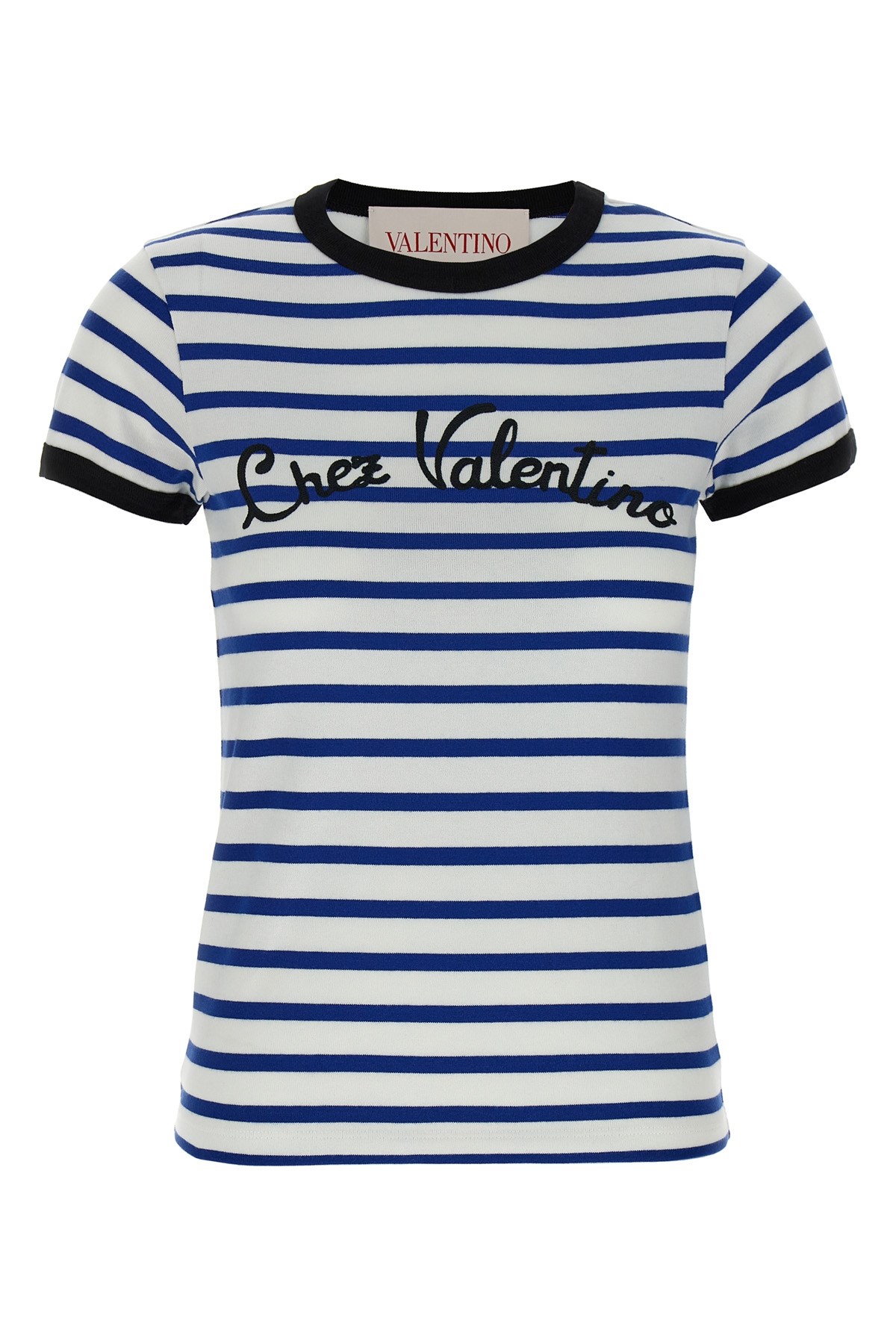 Valentino Womens Striped Embroidered Cotton-jersey T-shirt Avorio Blu