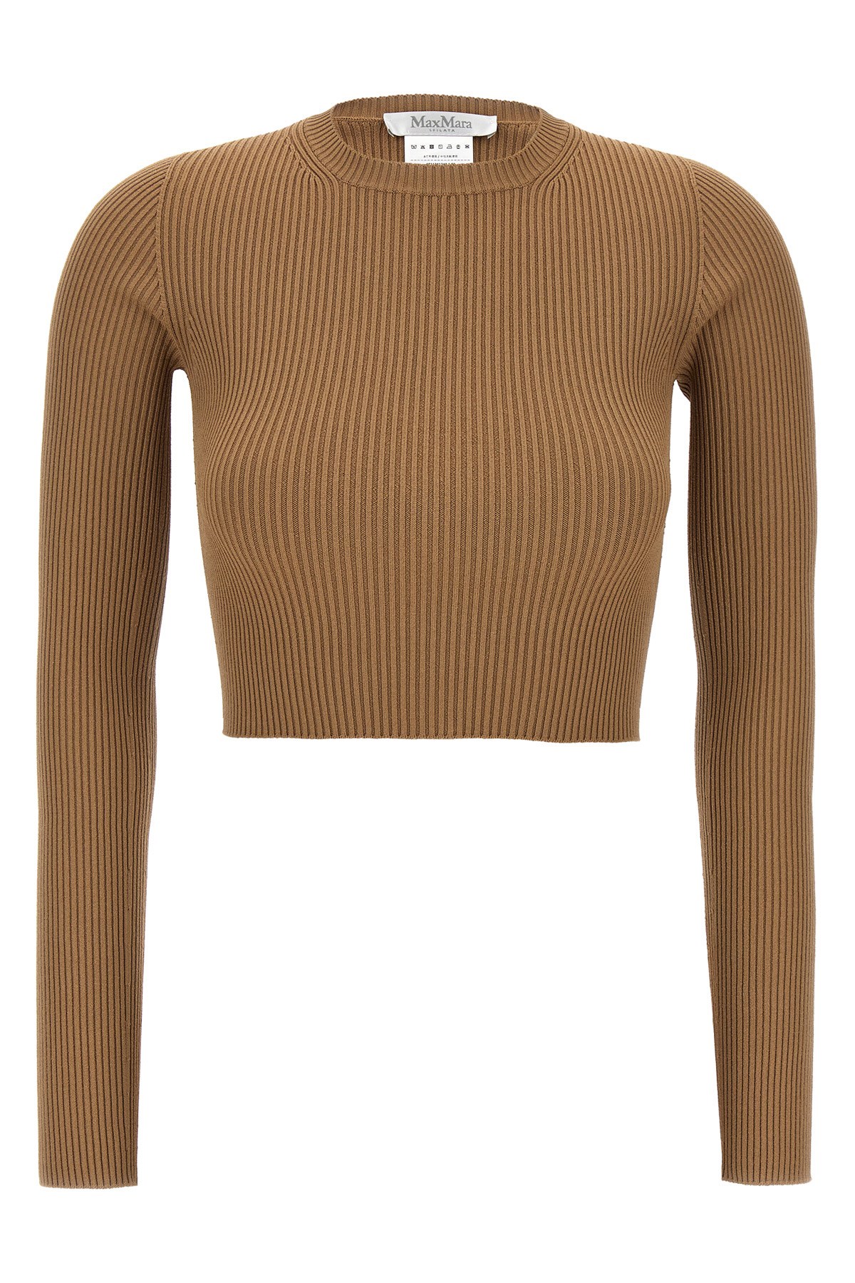 Max Mara Ribbed Cropped Top With Fitted Silhouette And Long Sleeves In Brown