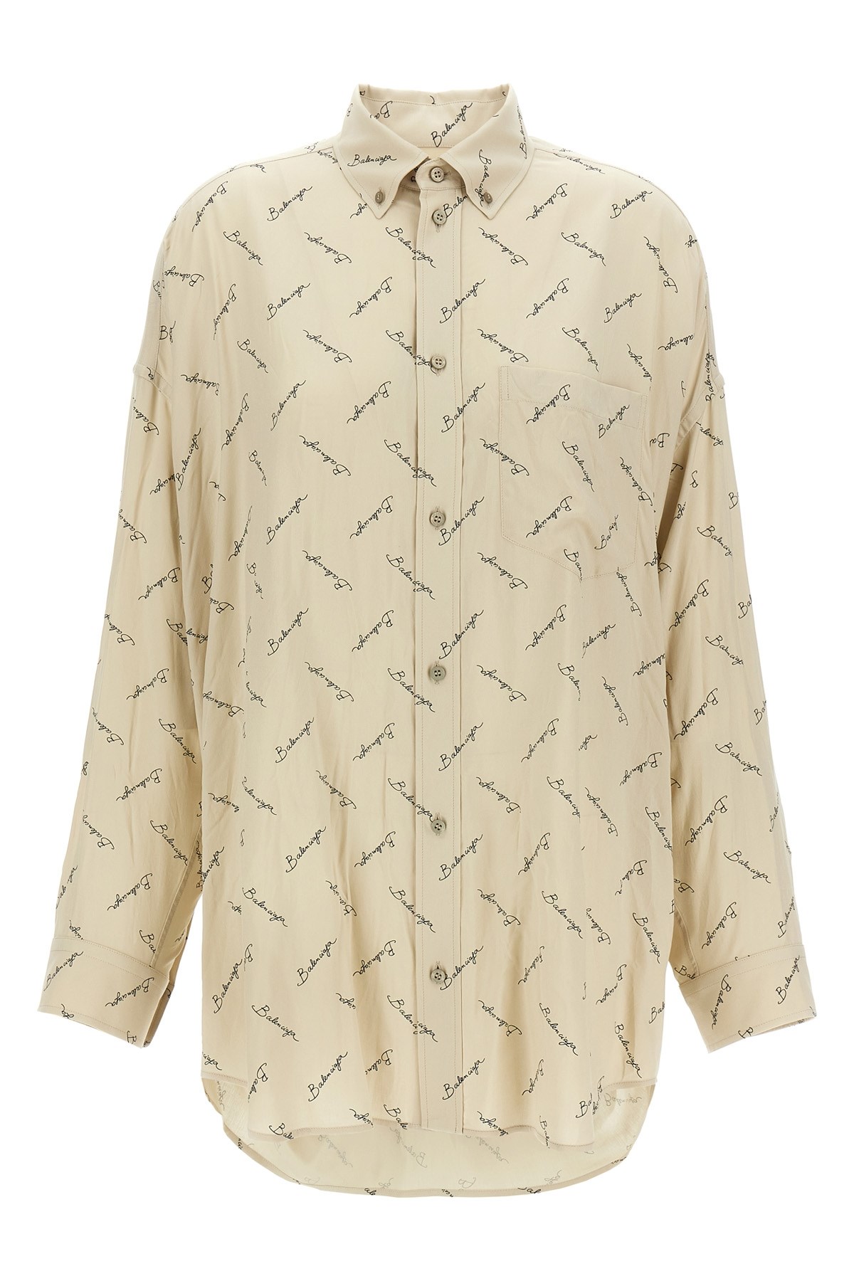 Balenciaga Beige Oversized Shirt With All-over Printed Logo In Viscose Woman In Neutral