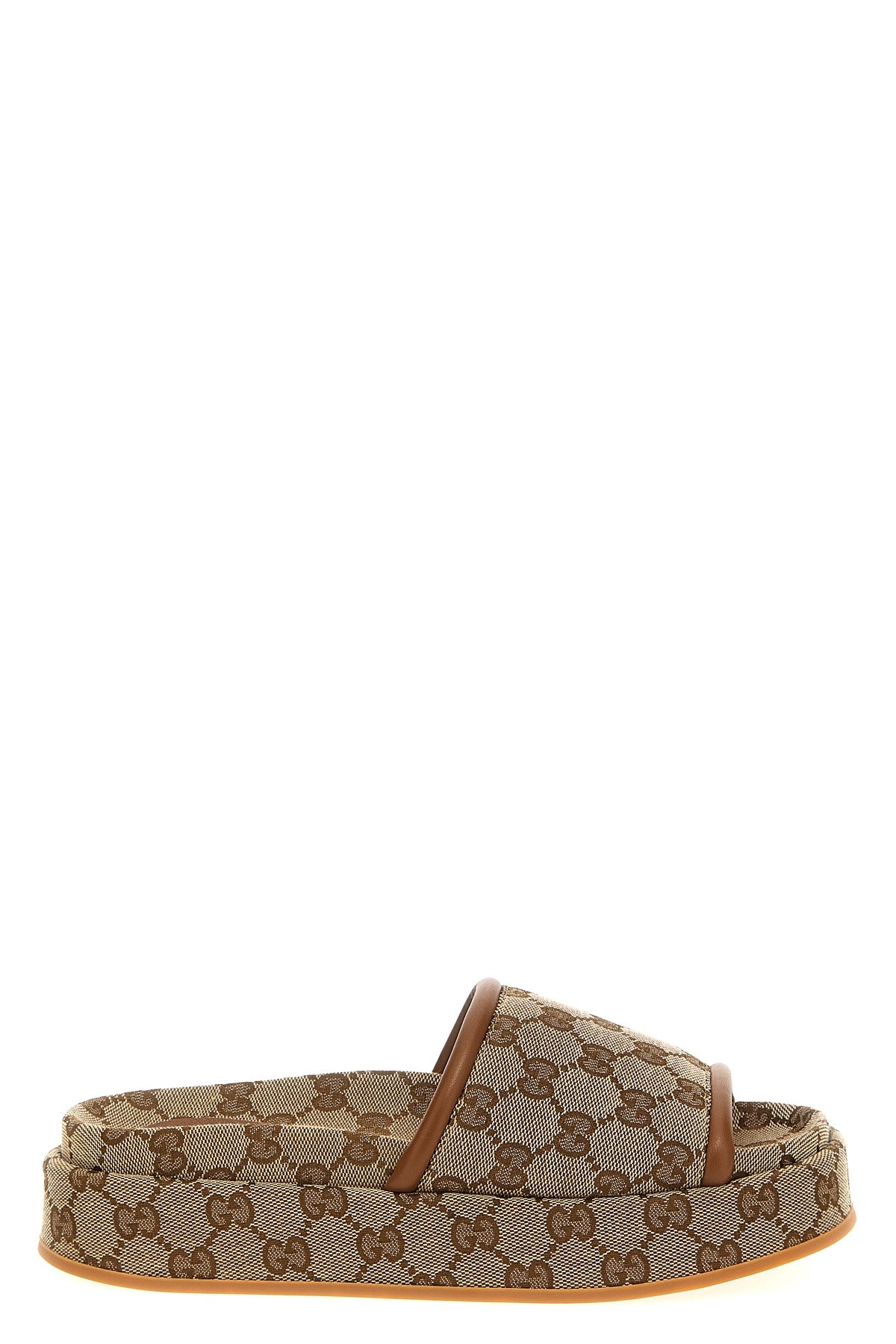 Gucci Women Beige Sandals With Leather Finishes And All-over Gg Motif In Fabric Woman In Brown