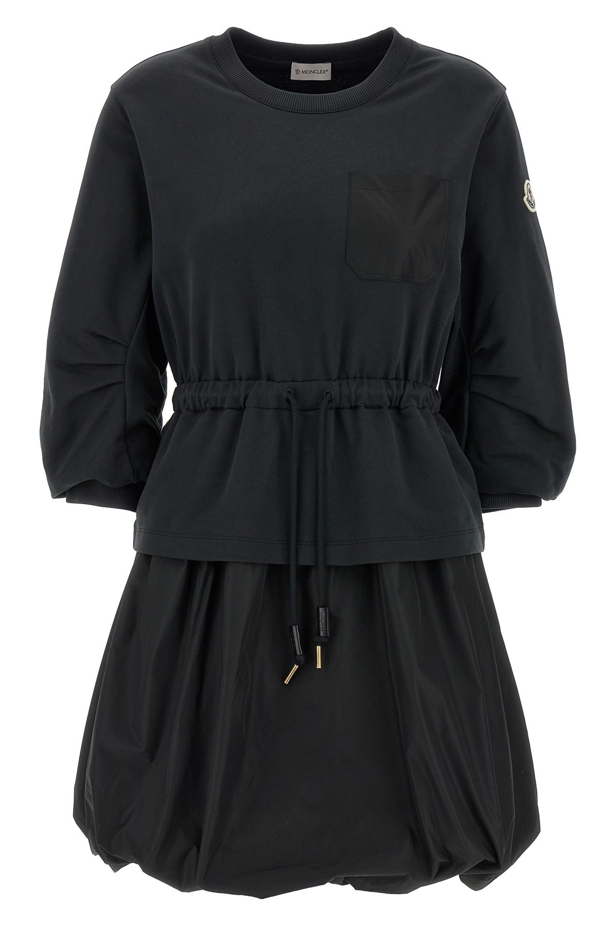 Moncler Black Dress With Elastic Waist And Logo Patch On The Sleeve In Tech Fabric Woman