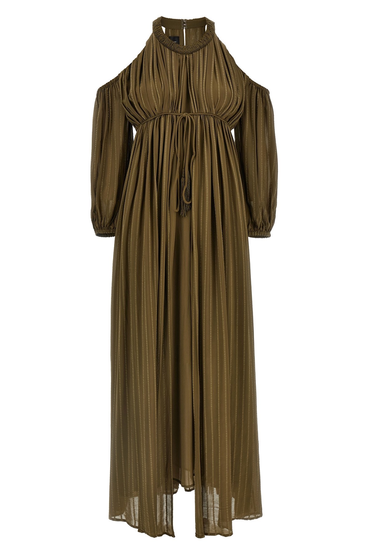 Pinko Long Off-the-shoulder Dress With Beaded Embroidery In Green