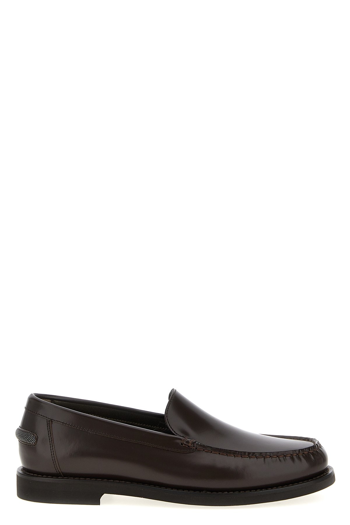 Brunello Cucinelli Round Toe Leather Loafers With Stitched Detailing In Brown
