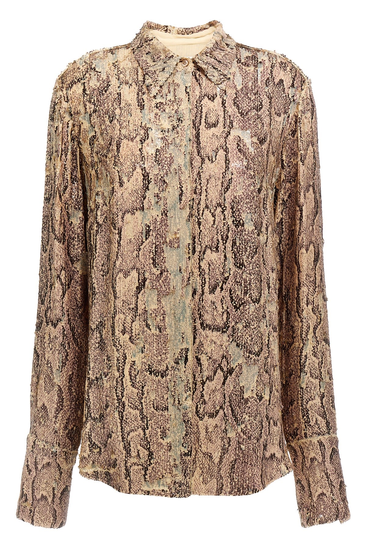 Dries Van Noten Beige Shirt With Beaded Decorations And All-over Print In Fabric Woman In Brown