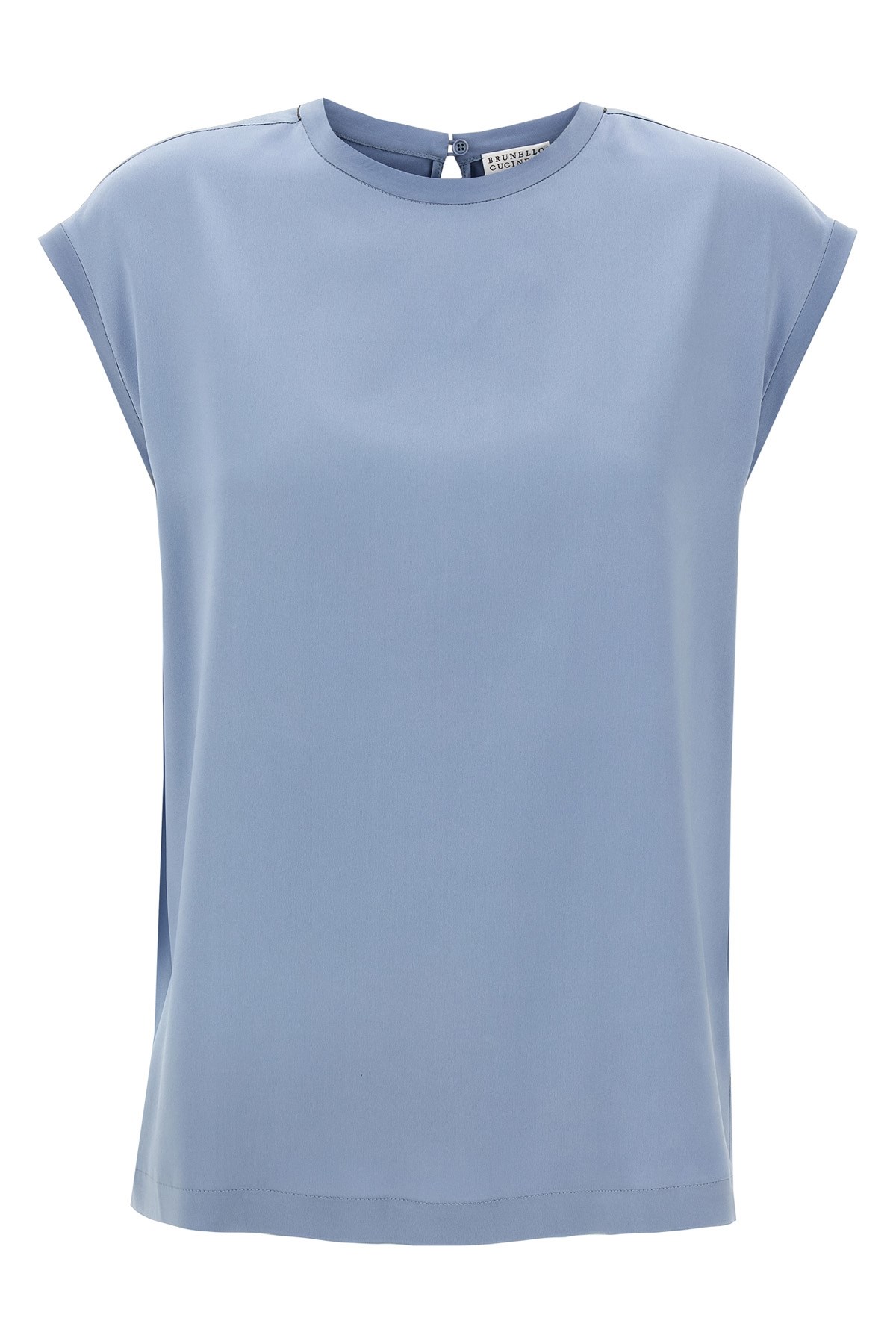 Brunello Cucinelli Silk Cap Sleeve T-shirt With Keyhole Back In Blue