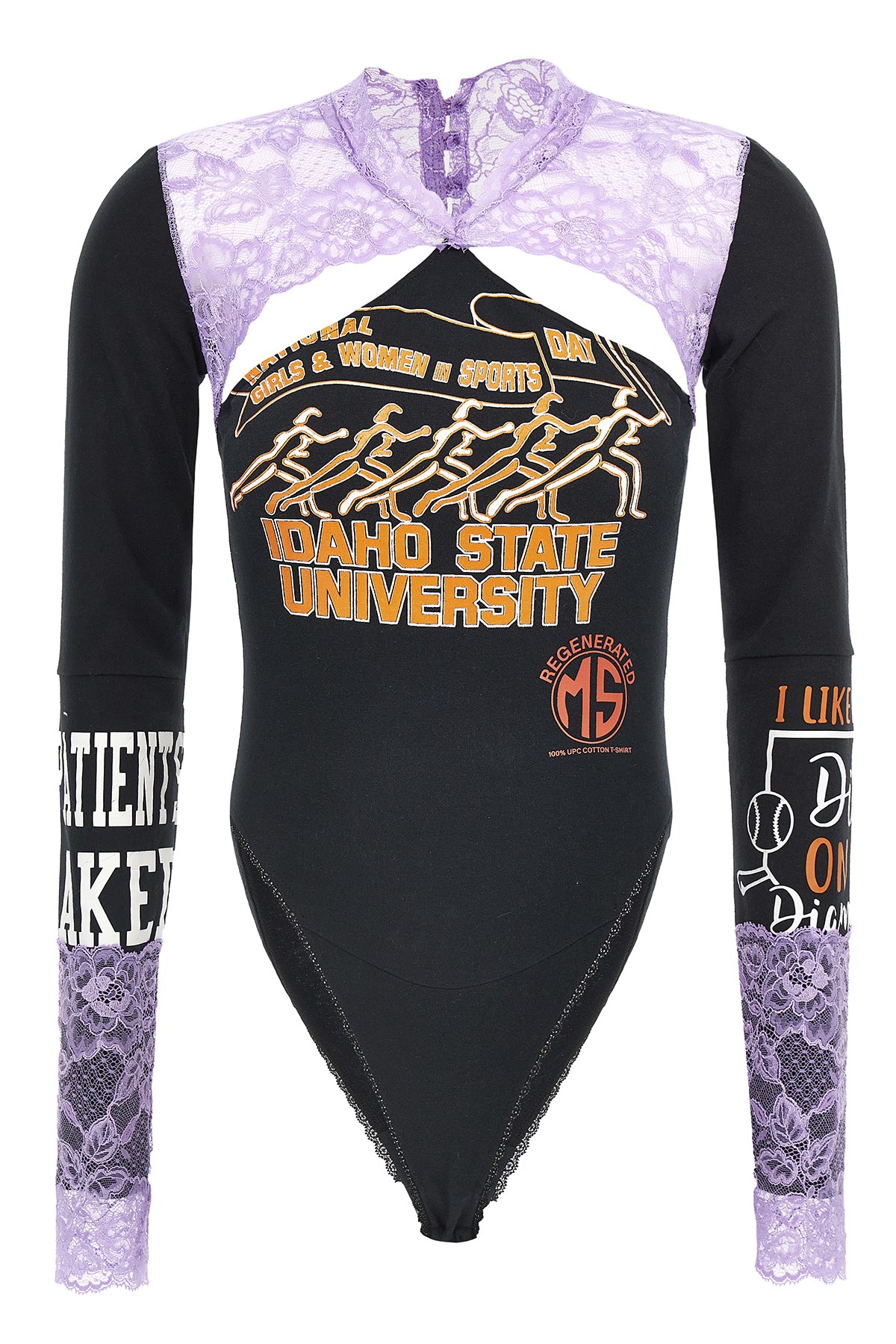 Shop Marine Serre 'regenerated T-shirt And Lace Long Sleeves' Bodysuit
