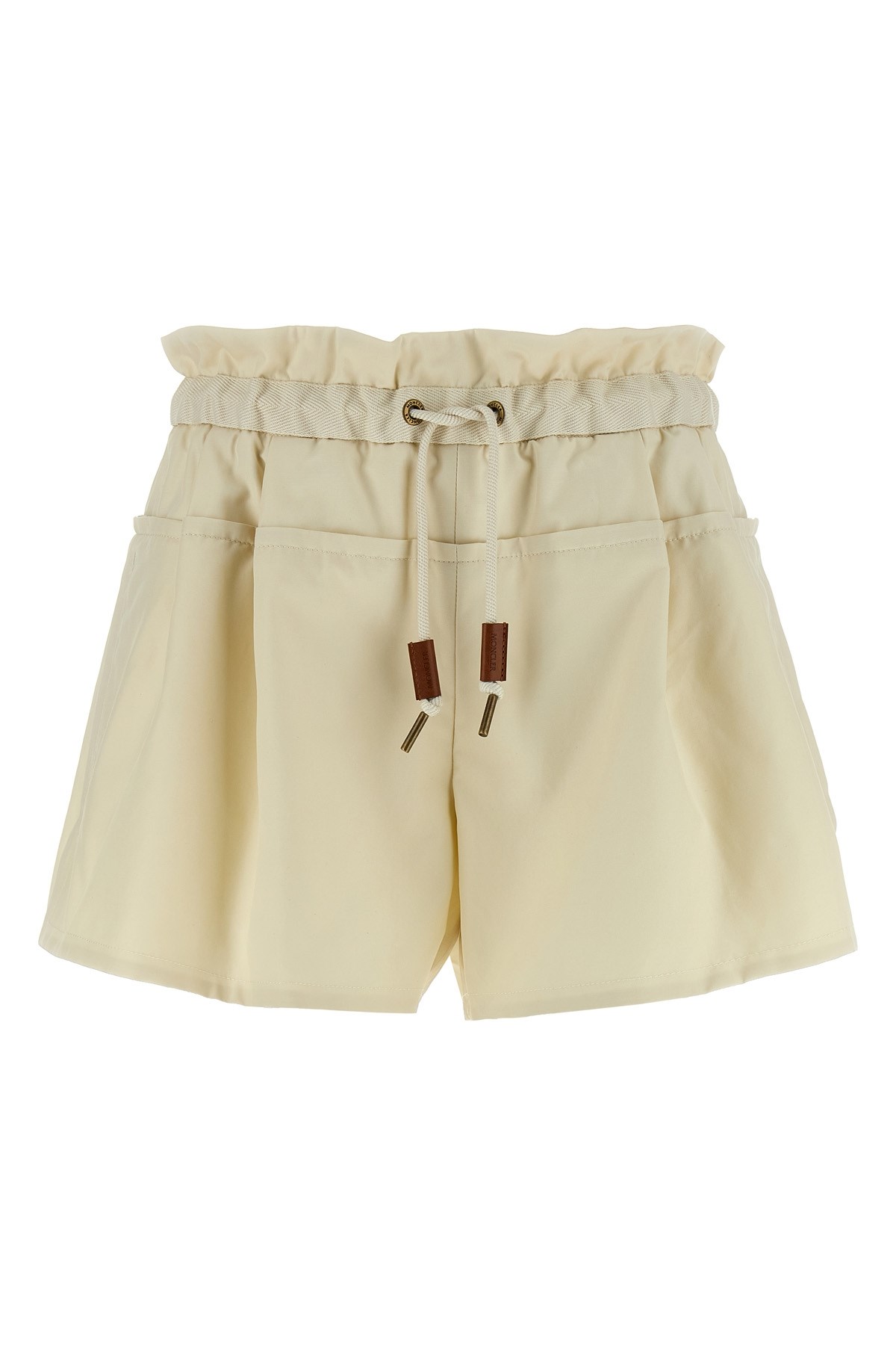 Moncler Twill Shorts With Drawstring Waist And Ruffled Trim In Neutral