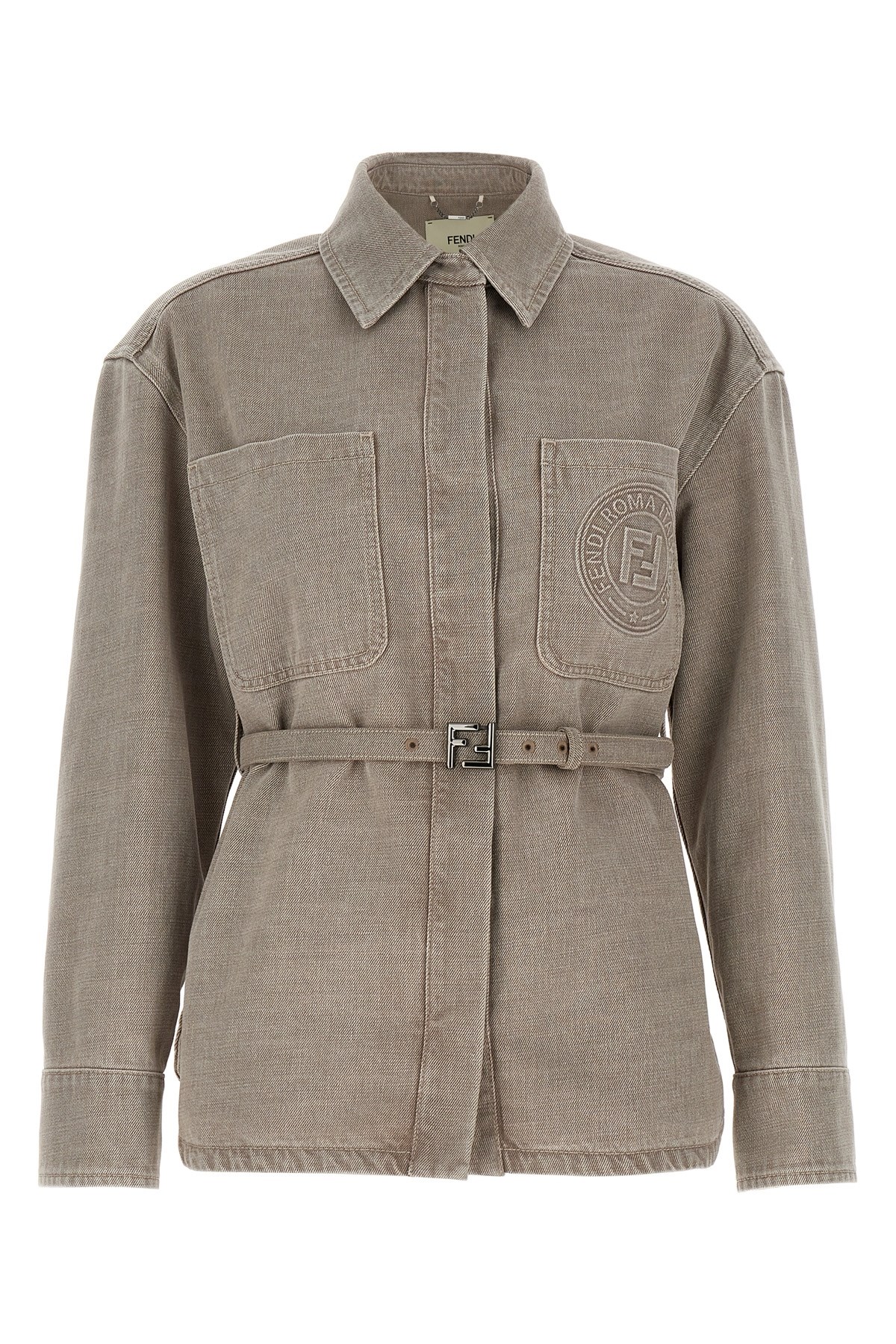 Fendi 'go To' Blue Jacket With Belt With Ff Buckle And Logo Patch On The Front In Denim Woman