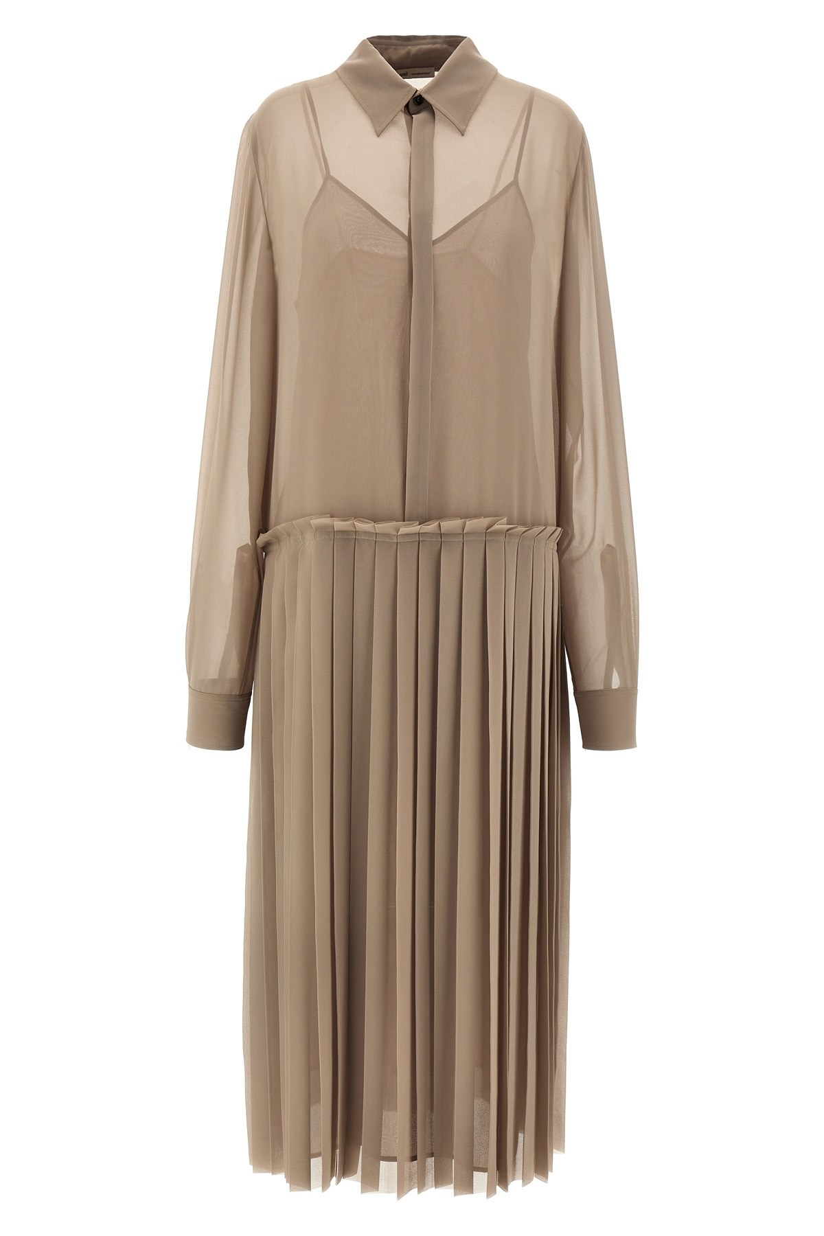 Ami Alexandre Mattiussi Pleated Midi Shirt Dress In Nude