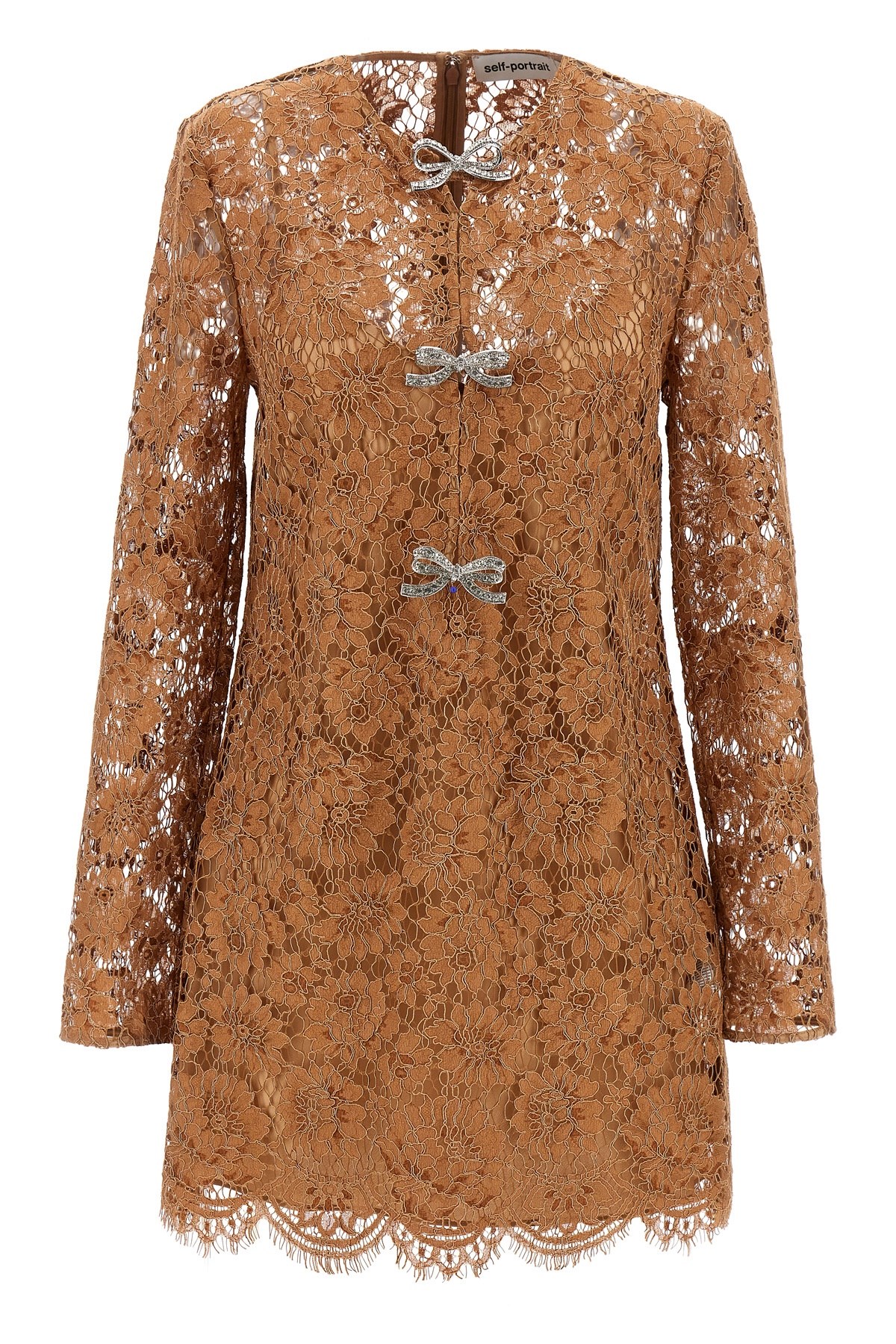 Self-portrait Womens Tan Lace Bow-embellished Woven Mini Dress