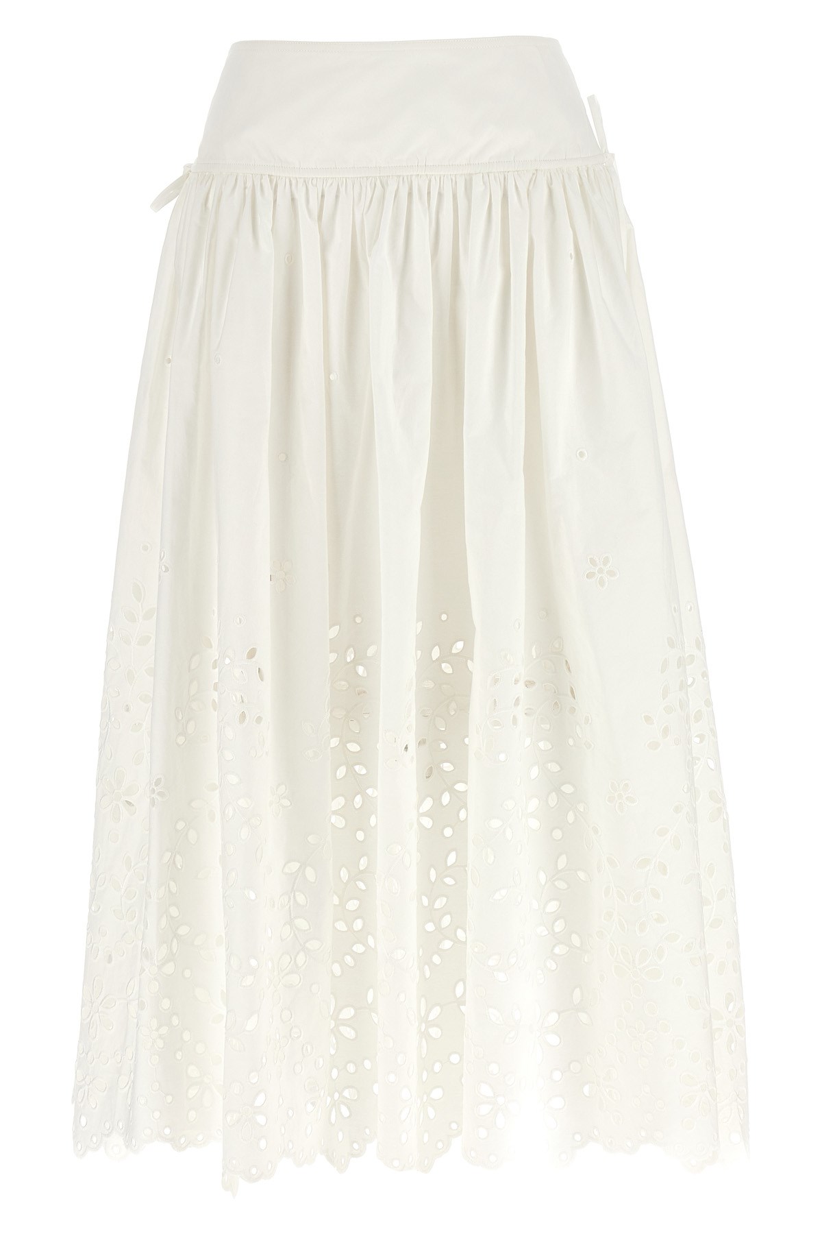 Self-portrait White Midi Skirt With Side Gathered Details And All-over Embroidery In Cotton Woman
