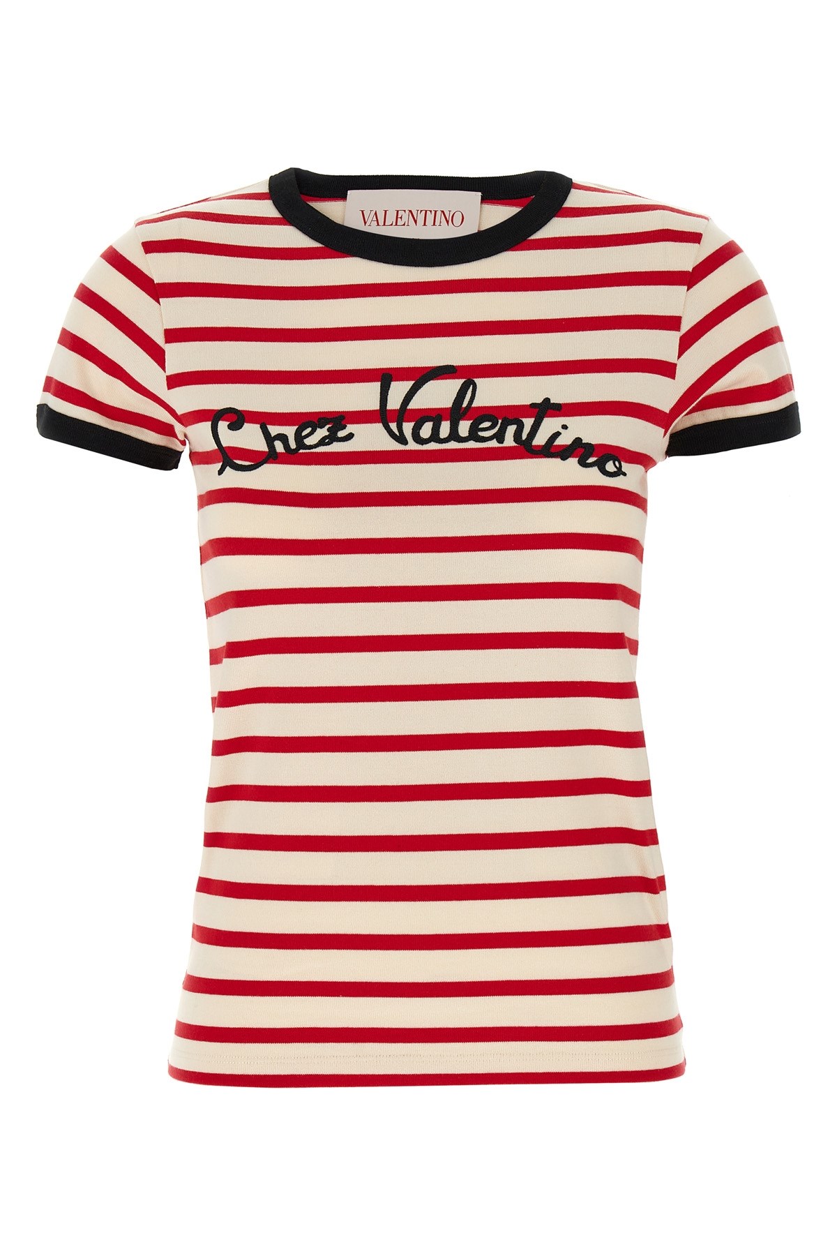 Valentino Women Ivory Striped Jersey Embroidered T-shirt
