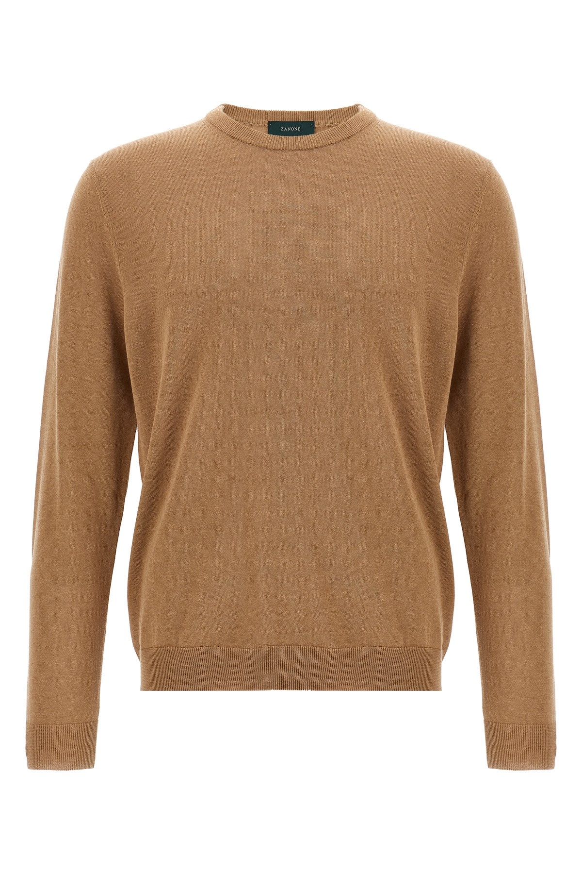 Zanone Crew Neck Cotton Sweater With Ribbed Cuffs In Brown